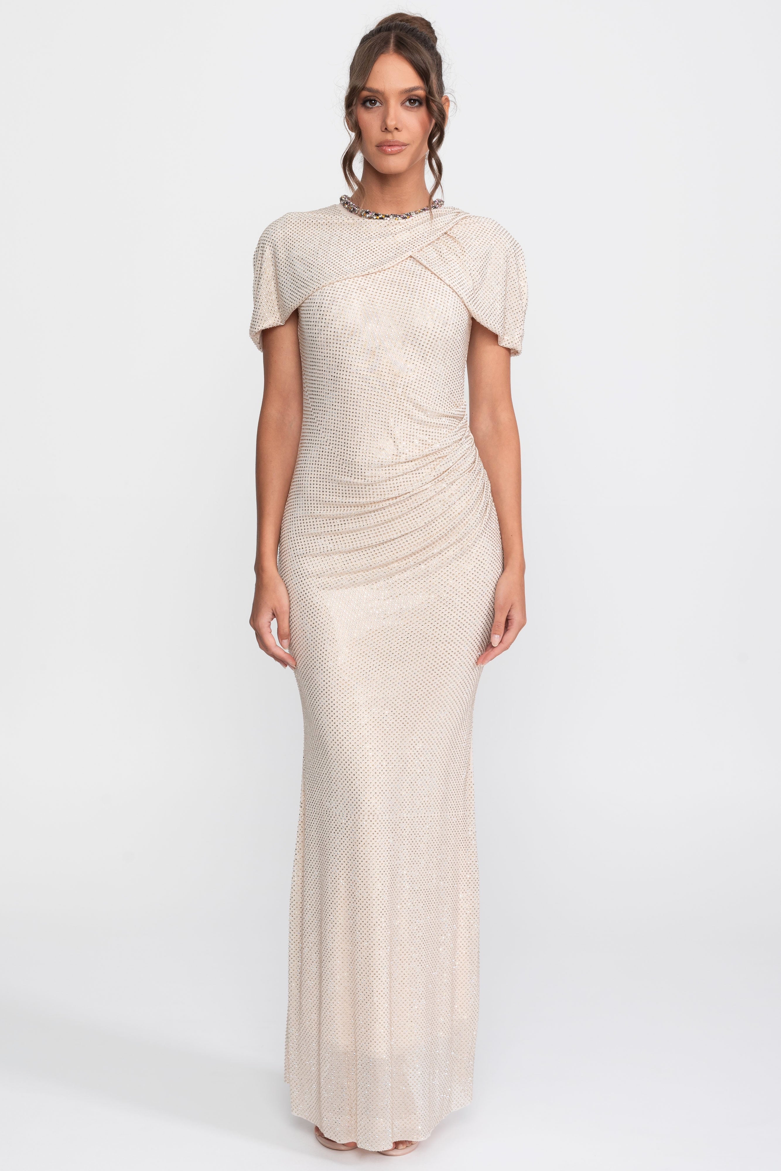 Crystal Trim Sequin Column Gown With Cross-Wrap Sleeve - Champagne