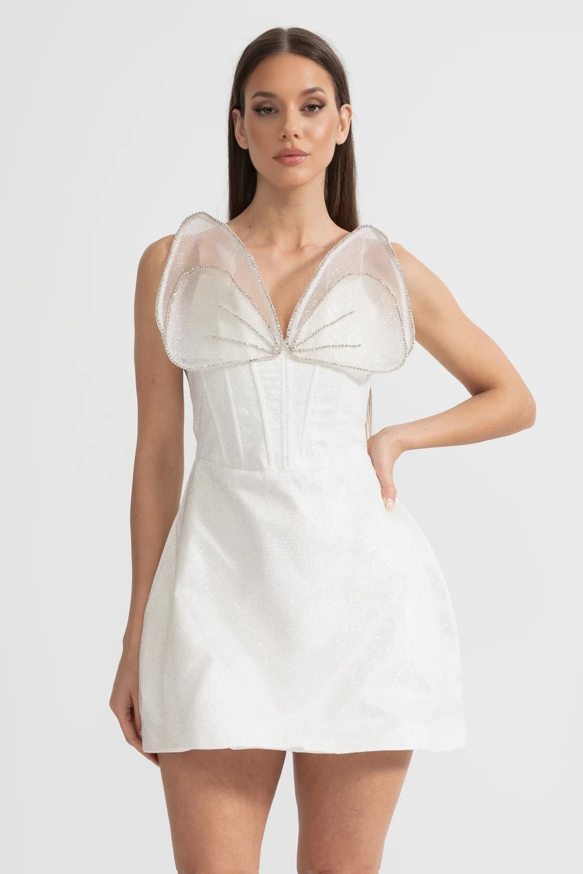 Fitted Mini Dress With Structured Bodice And Sheer Organza Accents - White