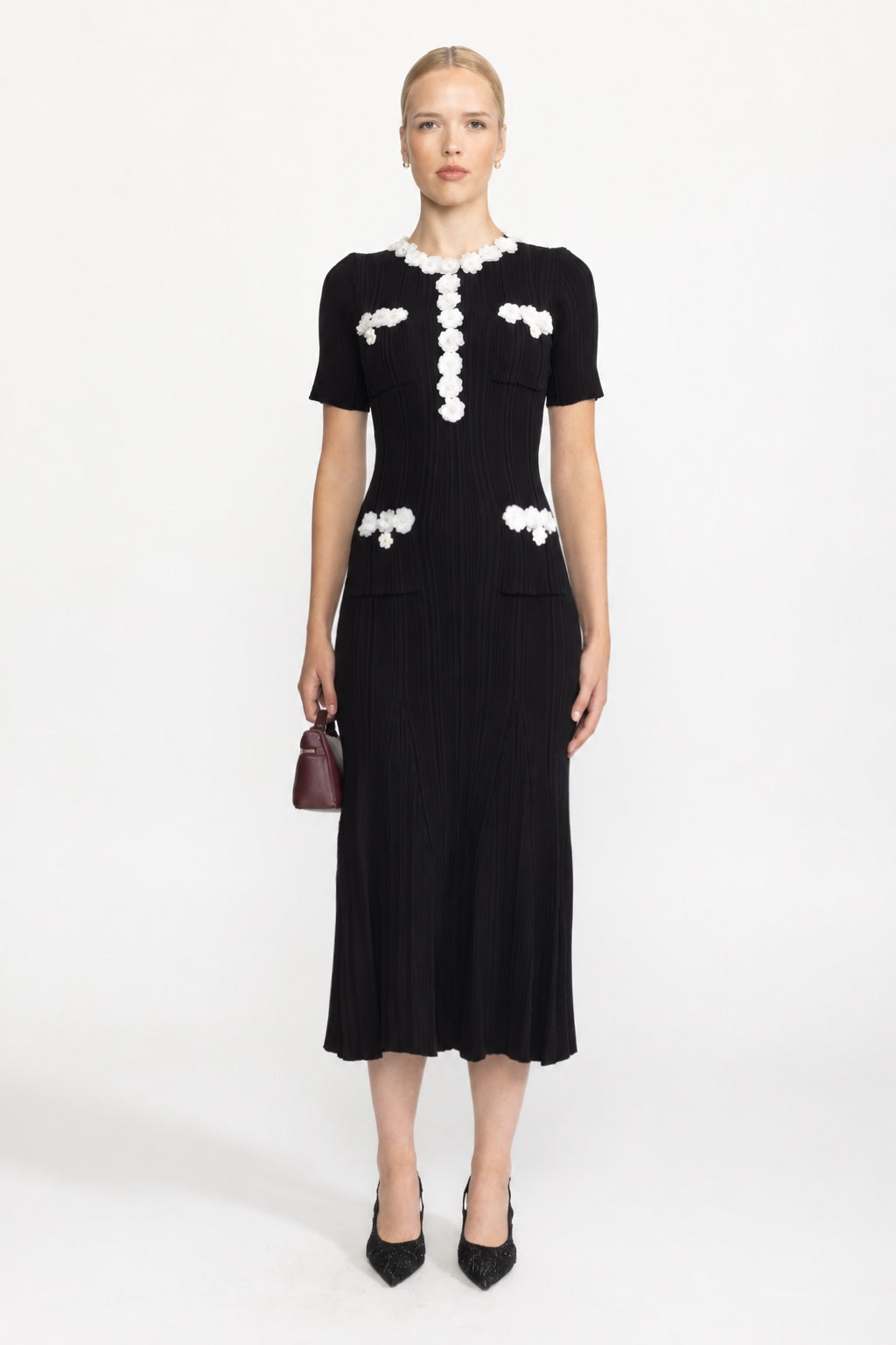 Ribbed Knit Flower Appliqué Midi Dress - Black