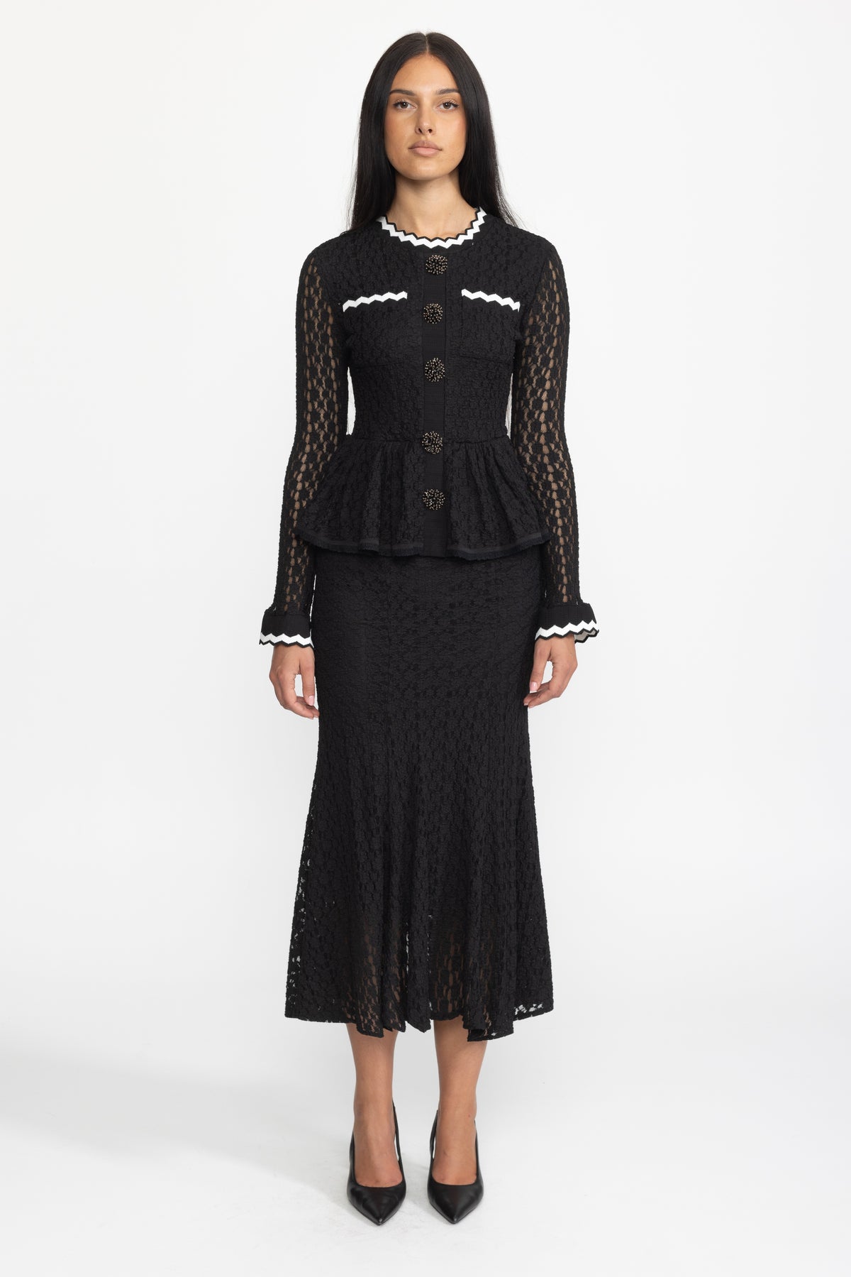Crochet Knit Peplum Midi Dress with Ric-Rac Trim - Black