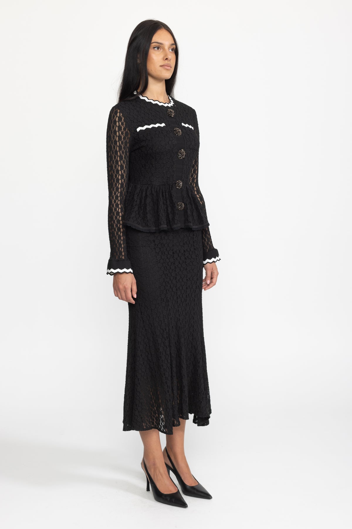 Crochet Knit Peplum Midi Dress with Ric-Rac Trim - Black