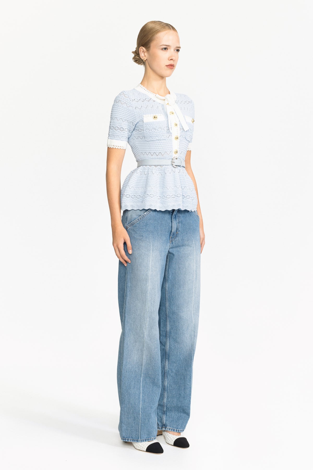 Pointelle Knit Bow Peplum Top - Light Blue