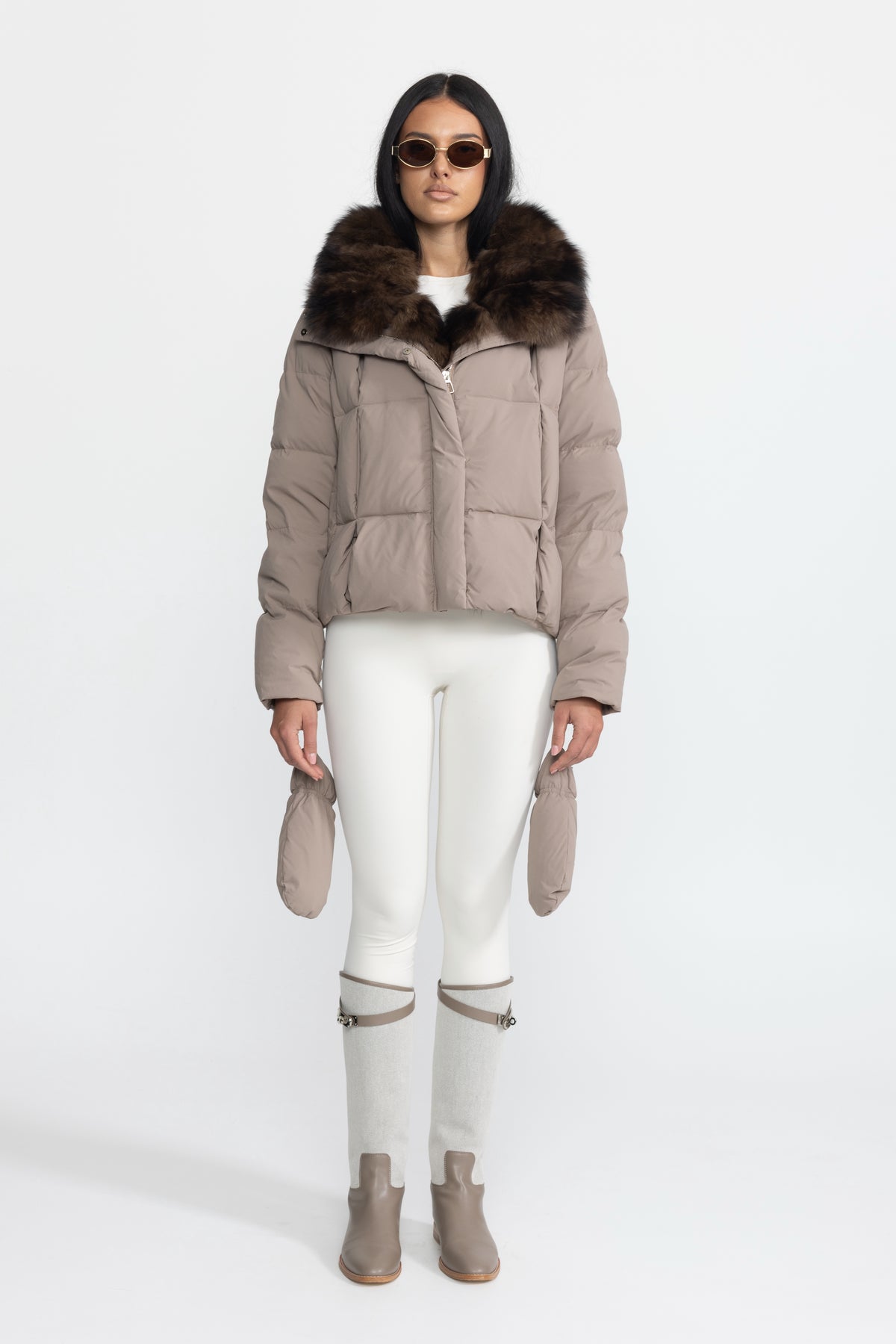 Fox Fur Collar Cropped Down Puffer Jacket - Taupe