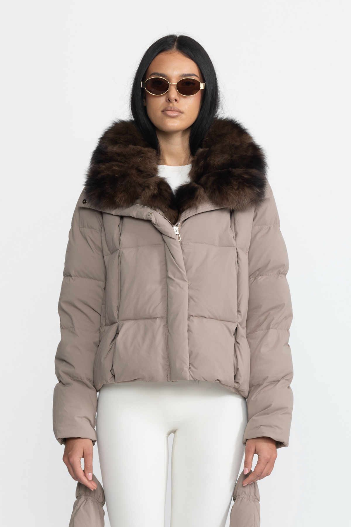 Fox Fur Collar Cropped Down Puffer Jacket - Taupe