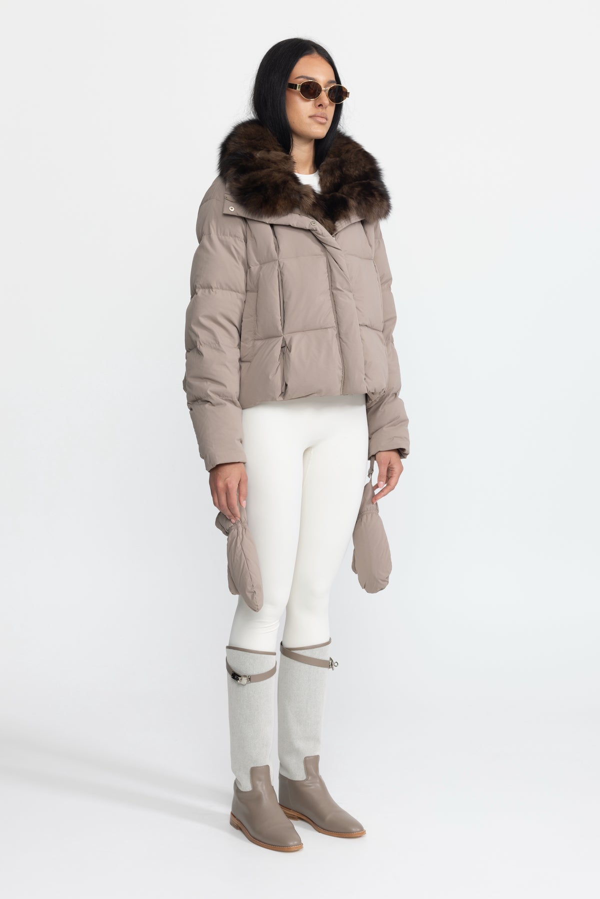 Fox Fur Collar Cropped Down Puffer Jacket - Taupe