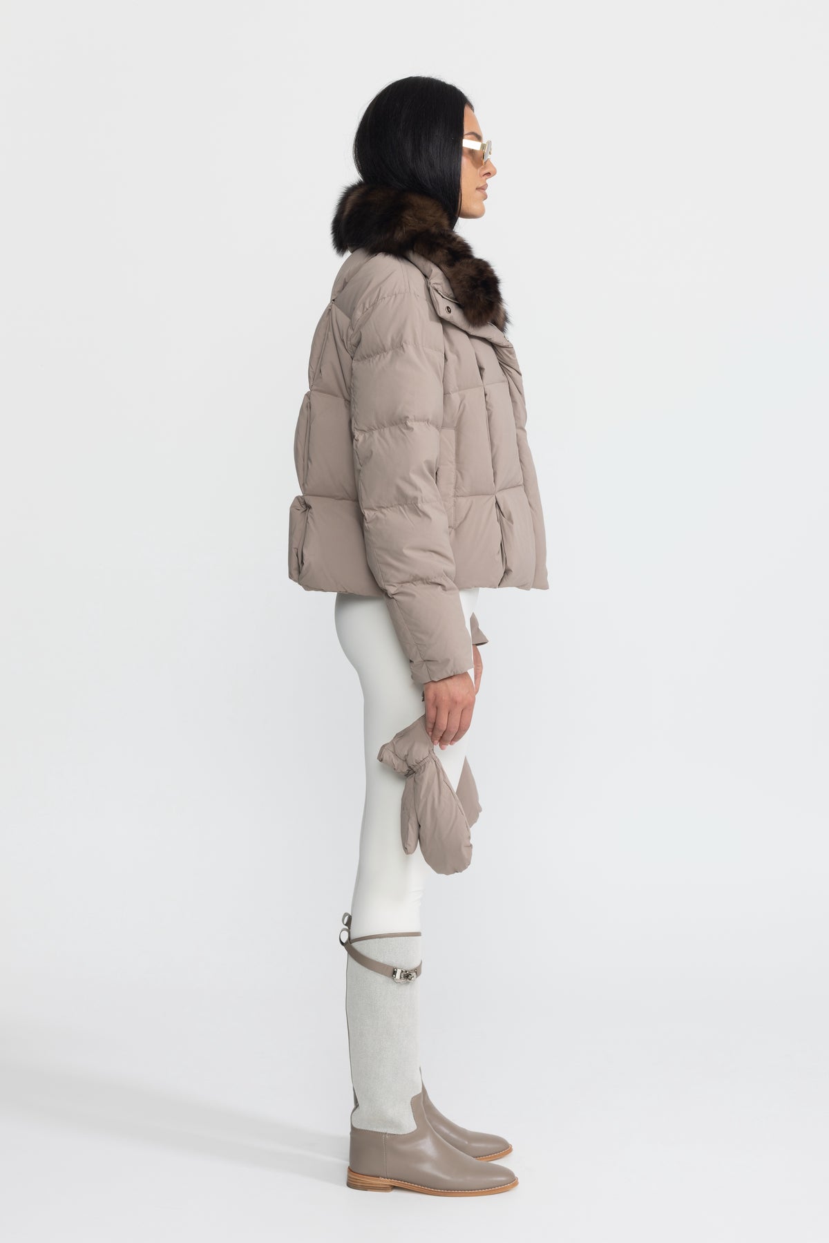 Fox Fur Collar Cropped Down Puffer Jacket - Taupe
