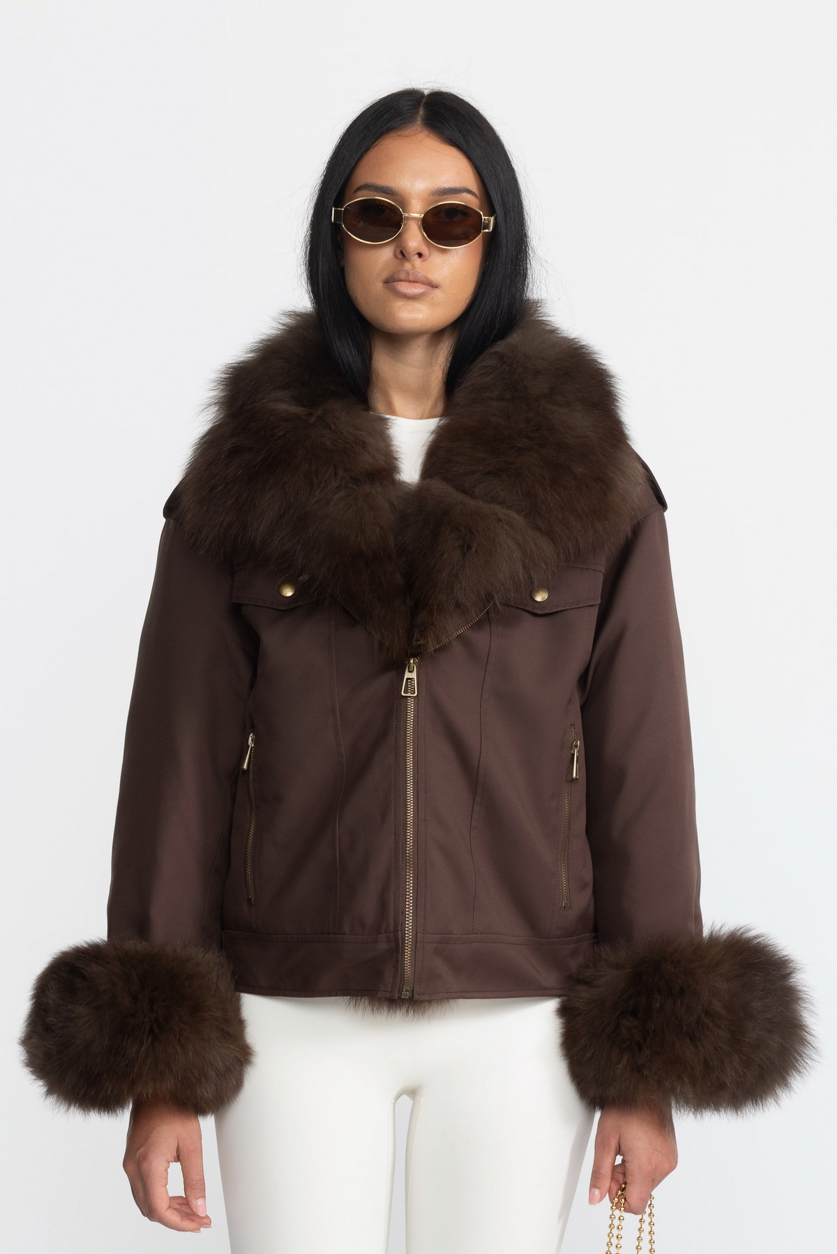 Fox Fur Collar and Cuff Down Utility Jacket - Chocolate