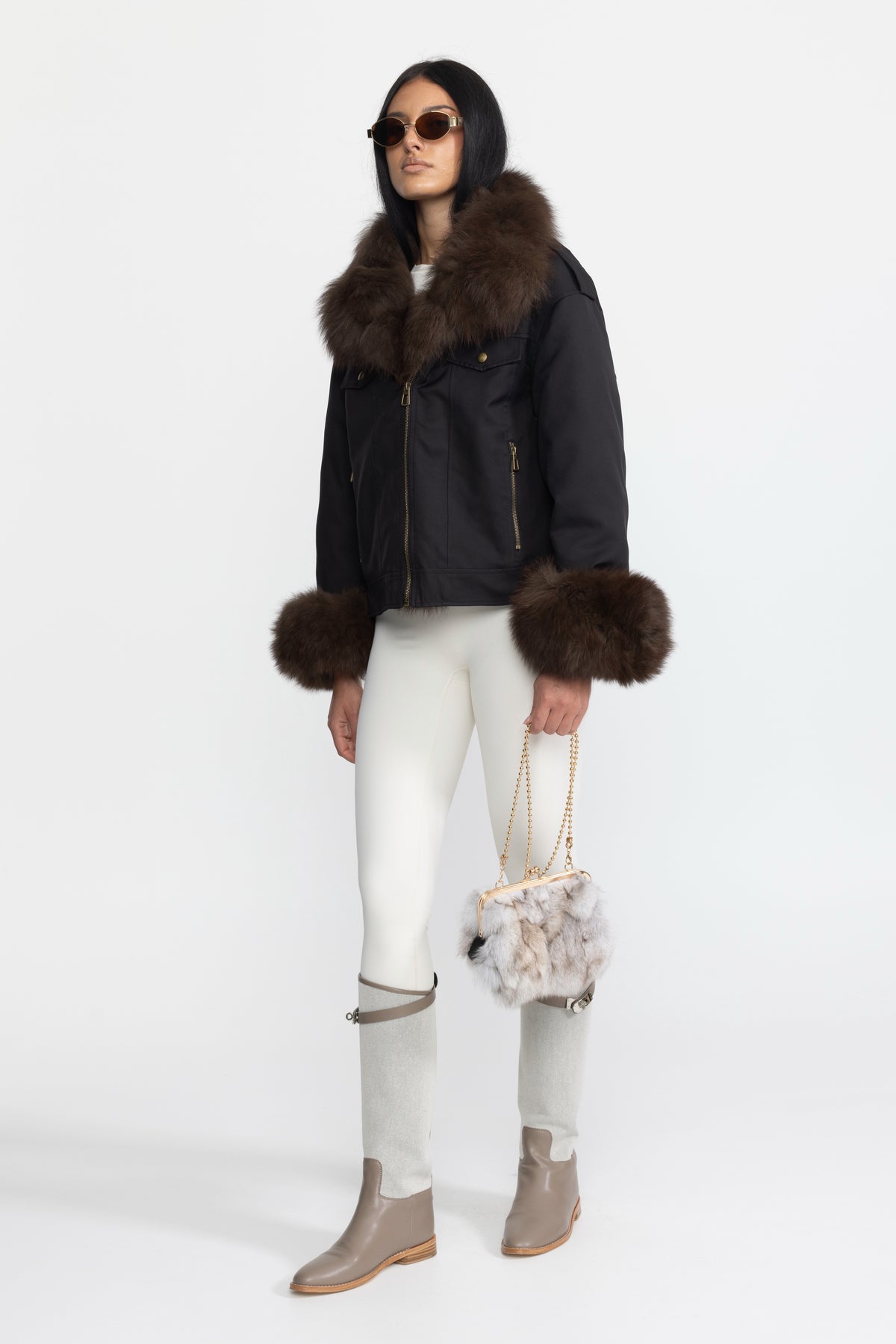 Fox Fur Collar and Cuff Down Utility Jacket - Black