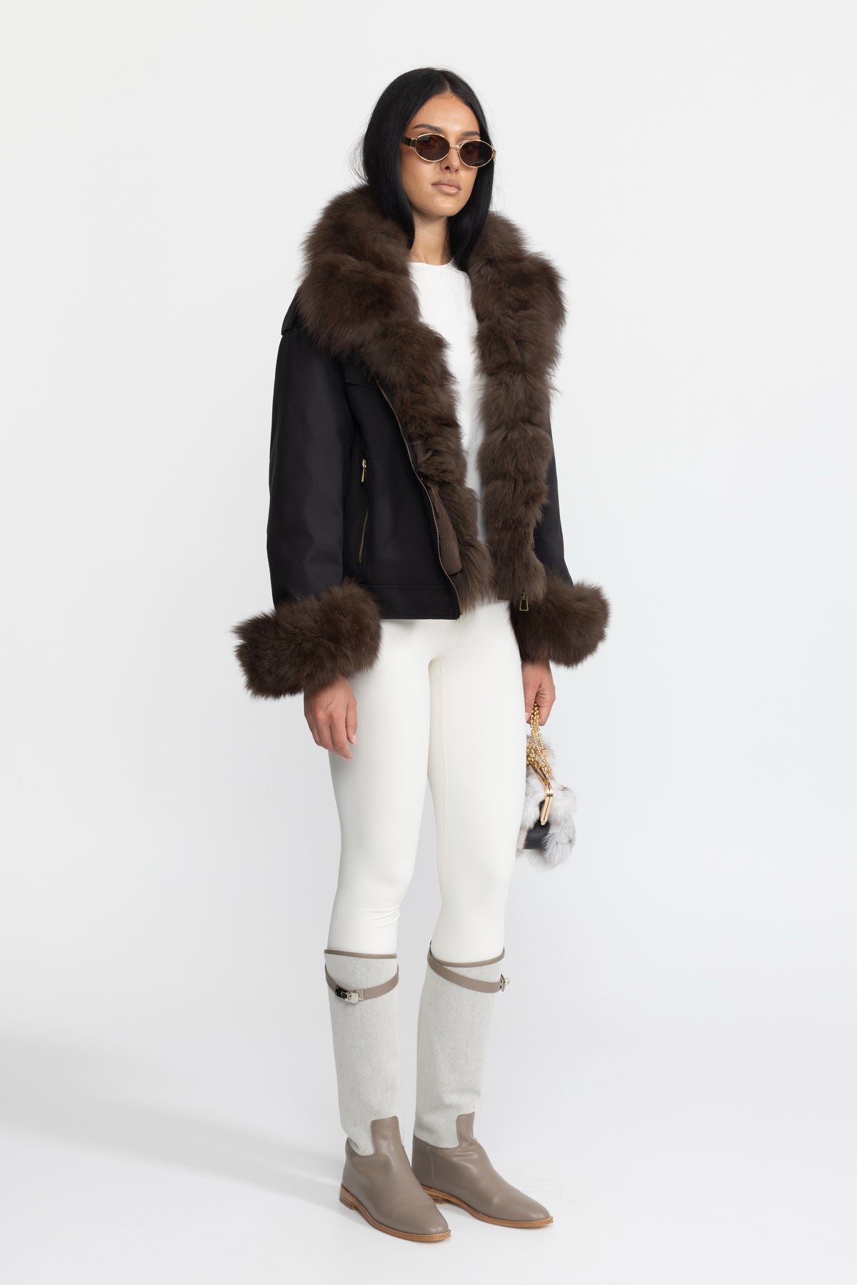 Fox Fur Collar and Cuff Down Utility Jacket - Black