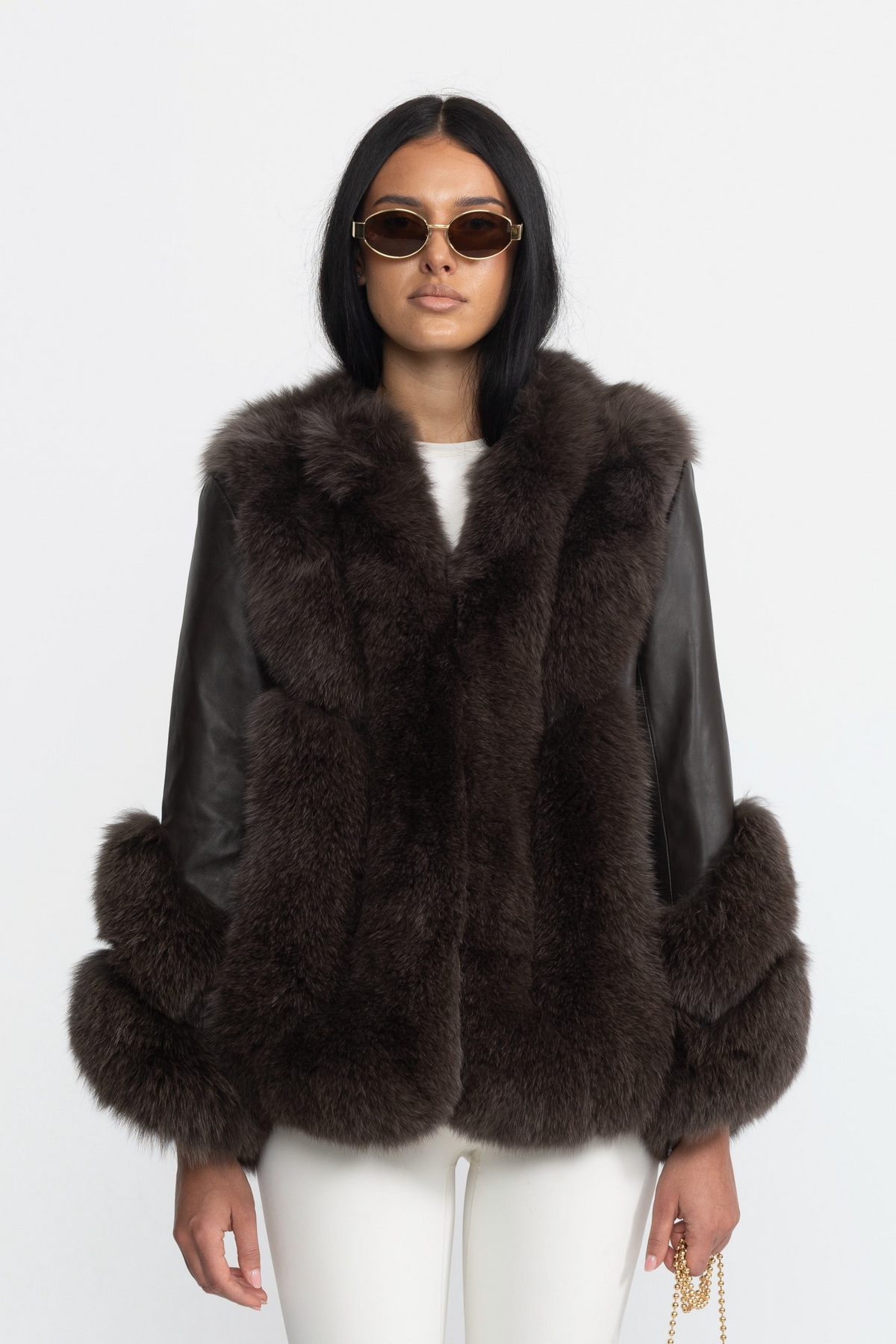 Fox Fur Panel Shearling Jacket - Chocolate