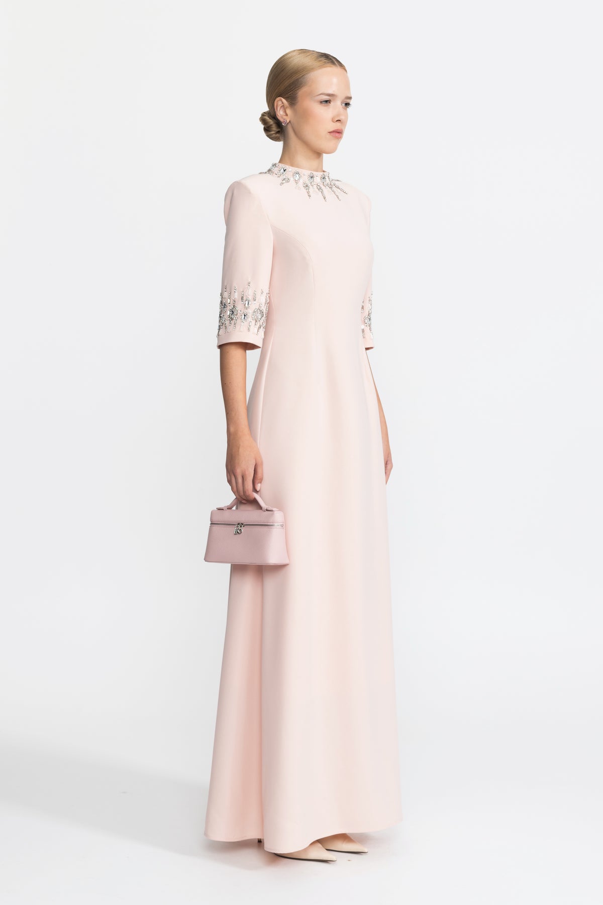 Crystal Embellished Collar and Cuff Maxi Dress - Pink