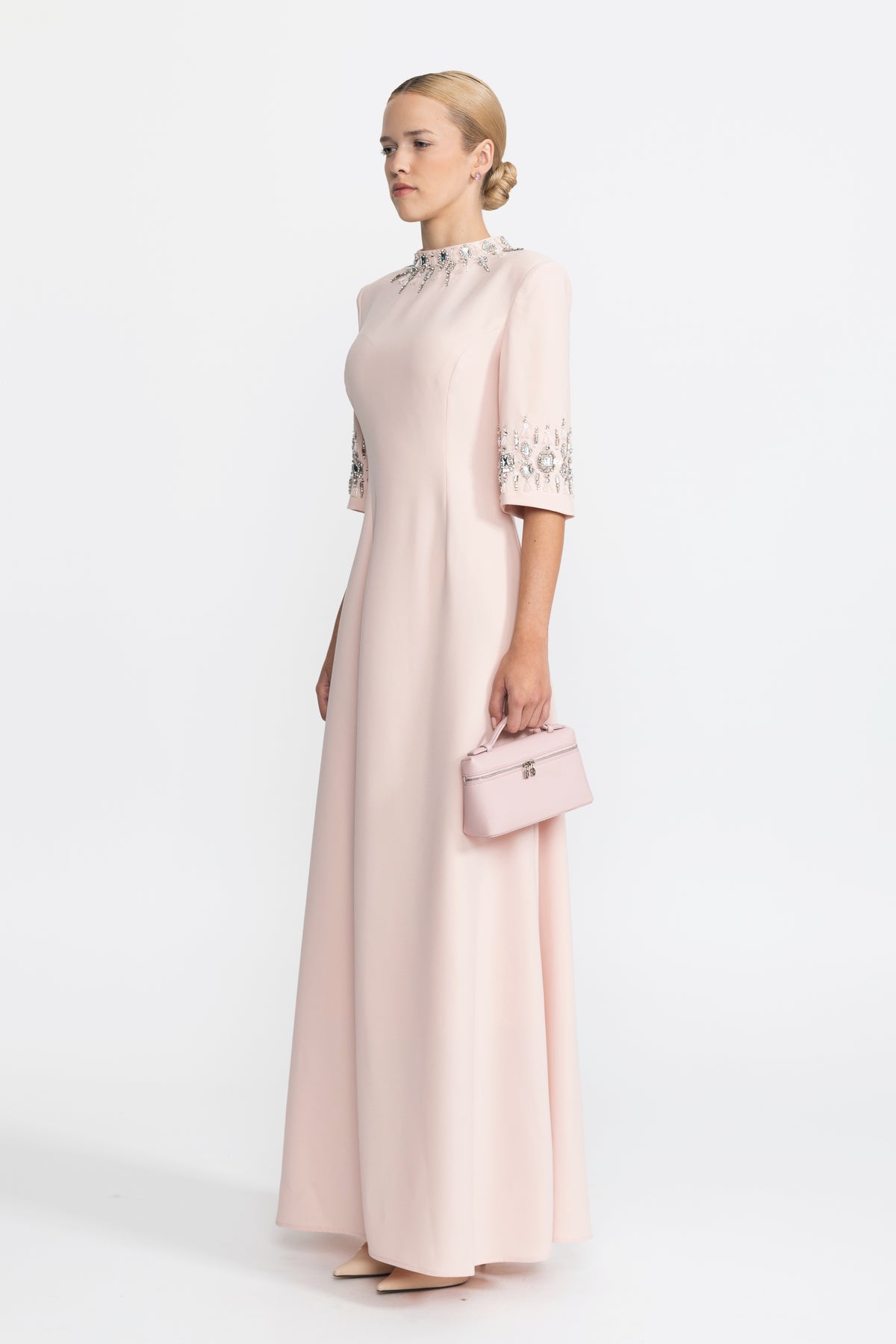 Crystal Embellished Collar and Cuff Maxi Dress - Pink