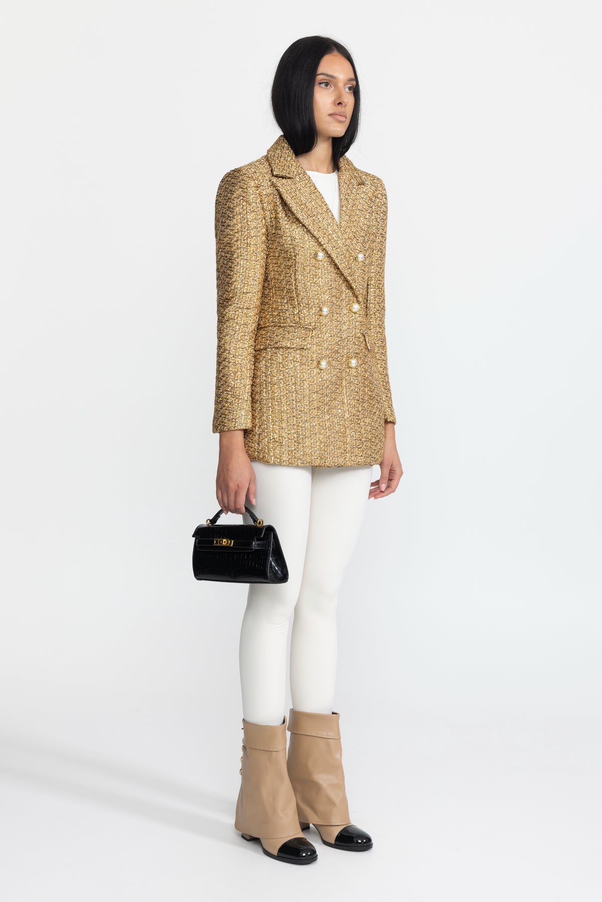 Metallic Tweed Double-Breasted Blazer with Pearl Buttons - Gold