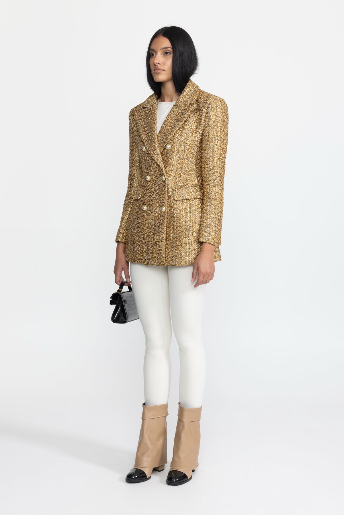 Metallic Tweed Double-Breasted Blazer with Pearl Buttons - Gold