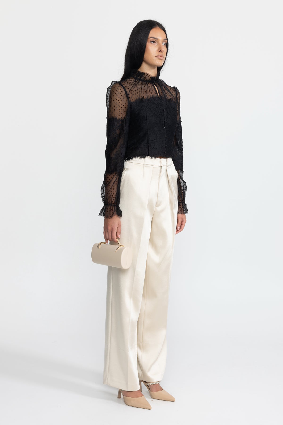 Ruffle Neck Lace and Dot Mesh Cropped Blouse - Black
