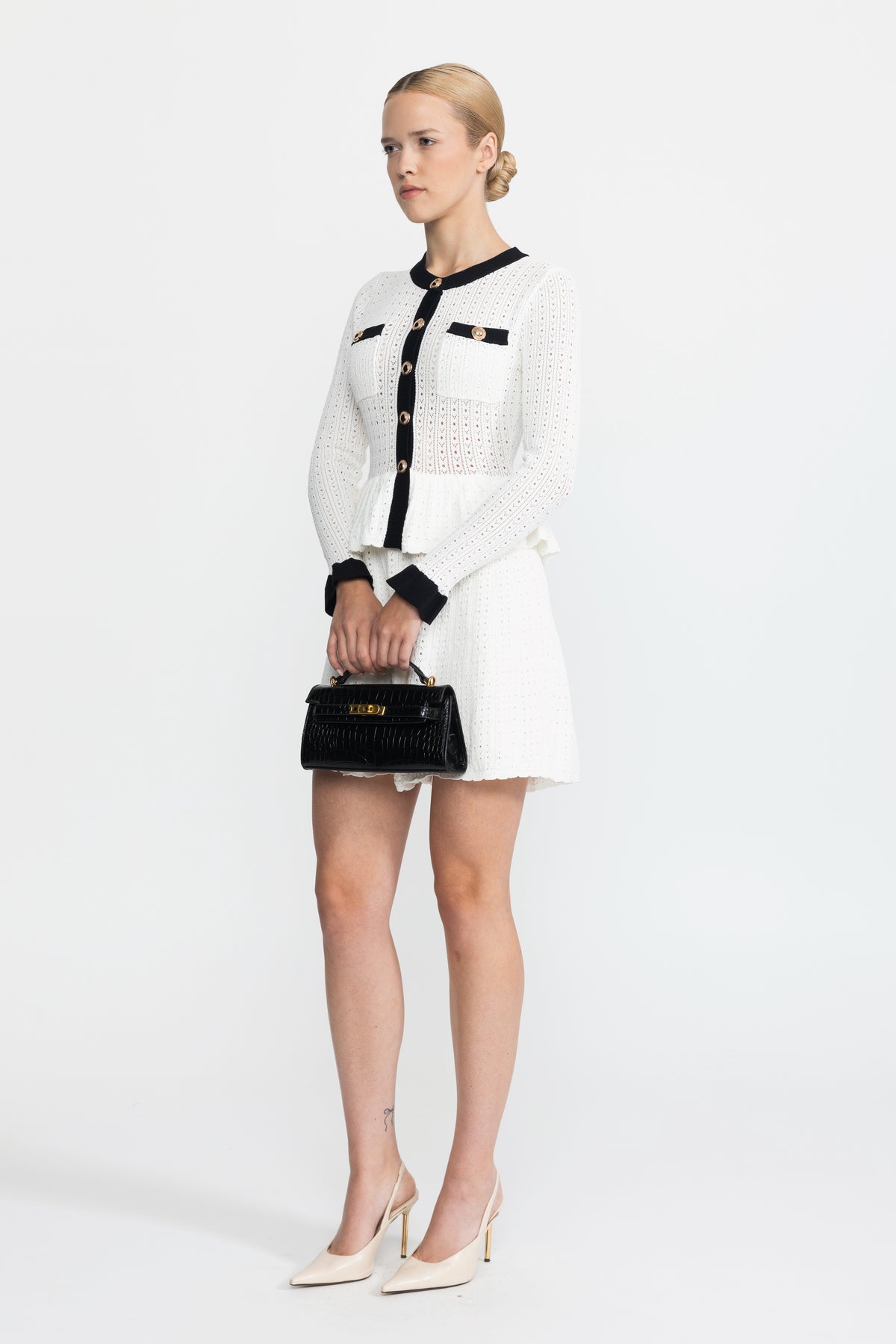 Pointelle Knit Peplum Mini Dress with Gold Buttons - White