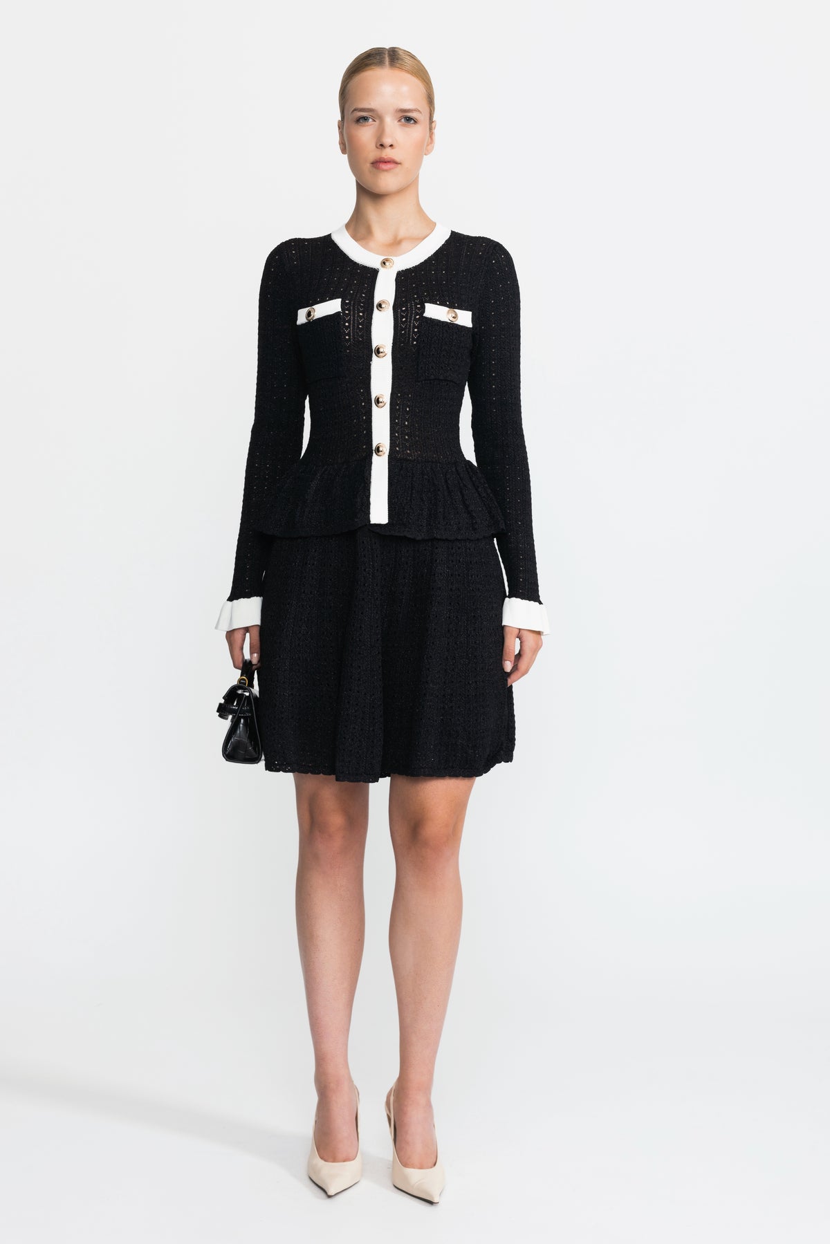 Pointelle Knit Peplum Mini Dress with Gold Buttons - Black