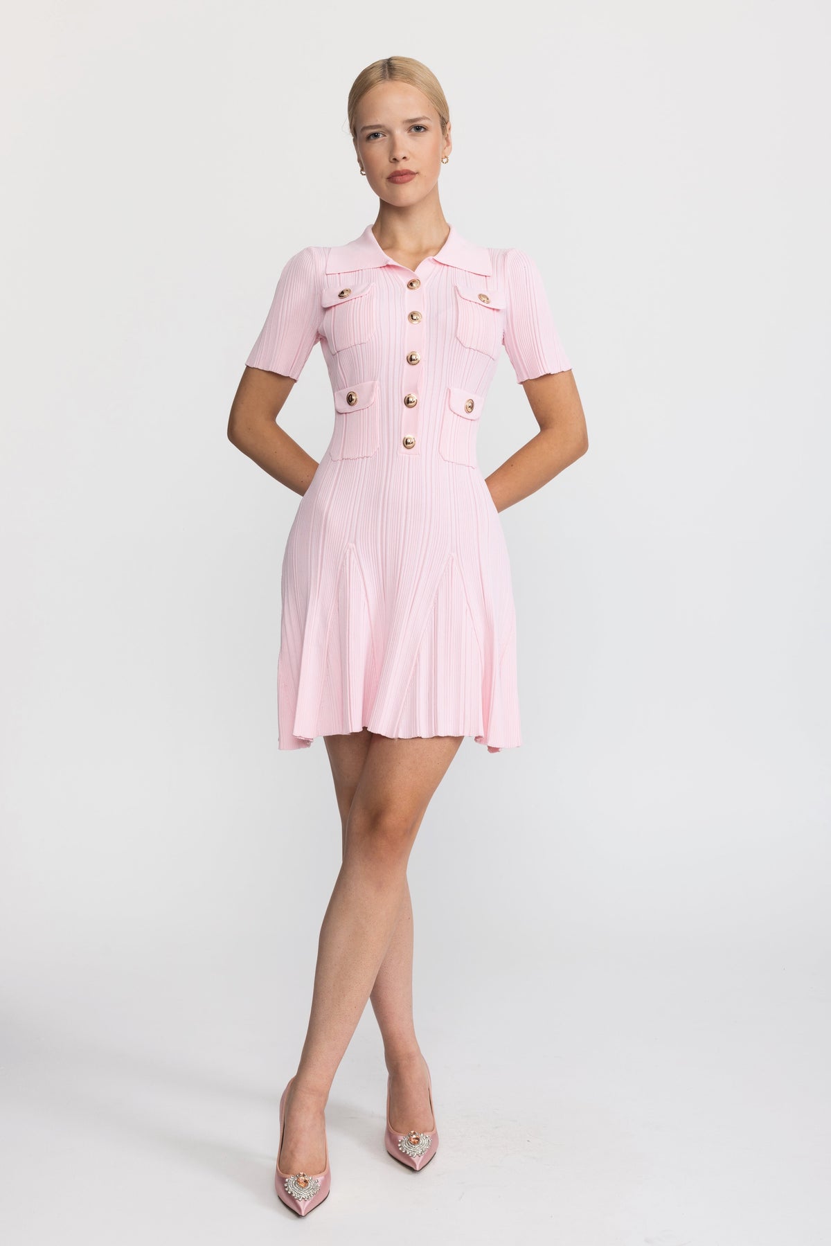 Polo Collar Rib Knit Mini Dress with Gold Buttons - Pink