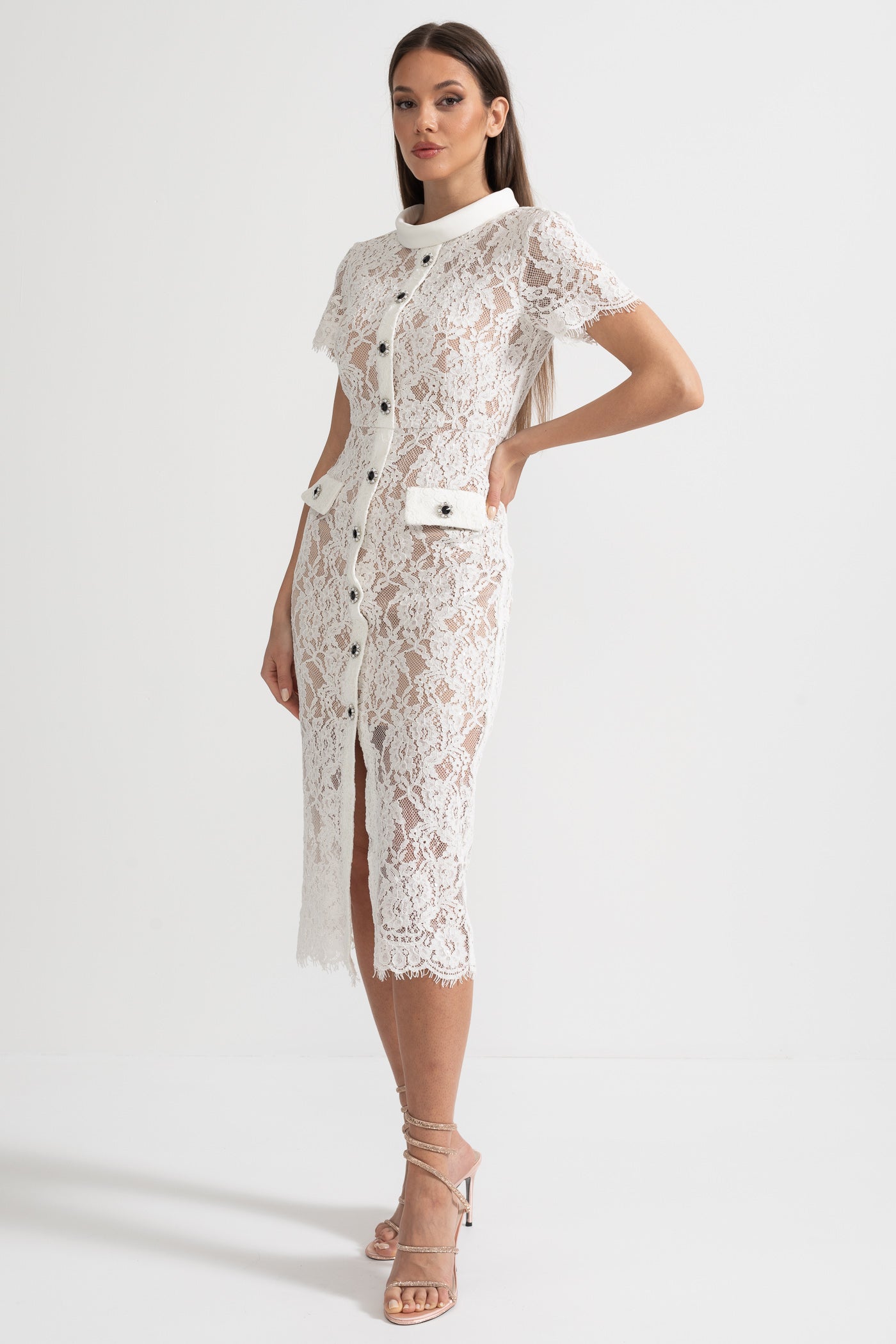 Elegant Short Sleeve Lace Dress With Matching Waist Belt - White