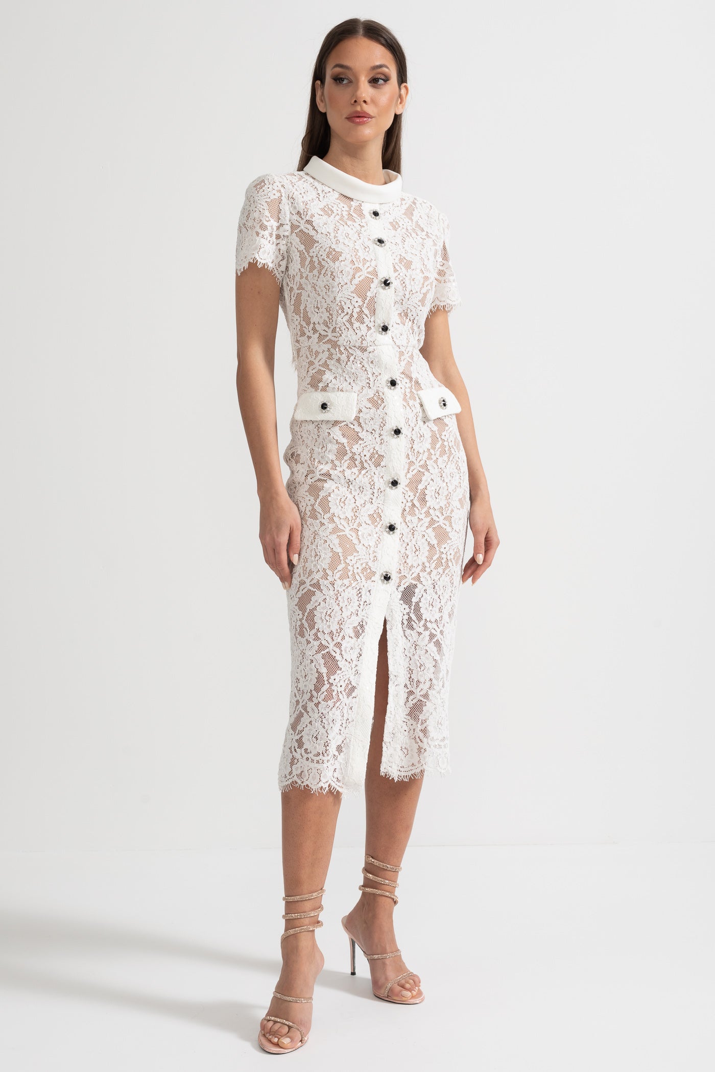 Elegant Short Sleeve Lace Dress With Matching Waist Belt - White