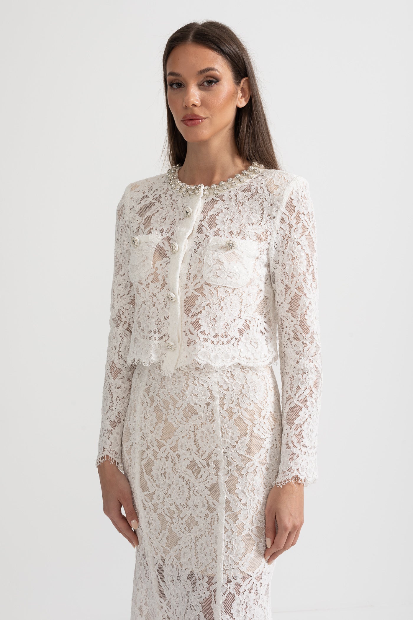 Lace Co-Ord With Sparkling Neckline Embellishments And Midi Skirt - White
