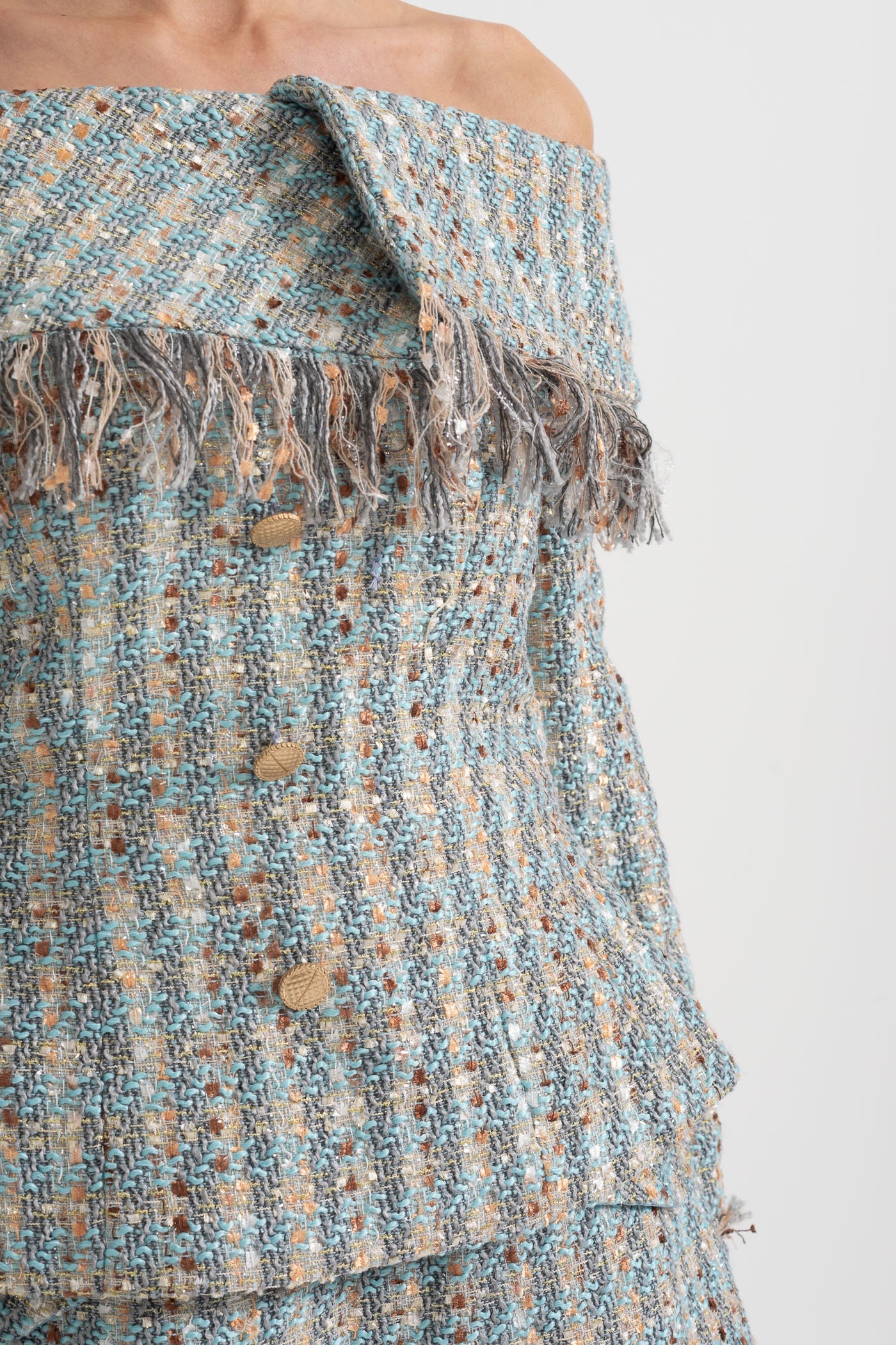 طقم تويد منقوش مربعات مع توب مكشوف الكتفين وتنورة ميني منسقة - أزرق