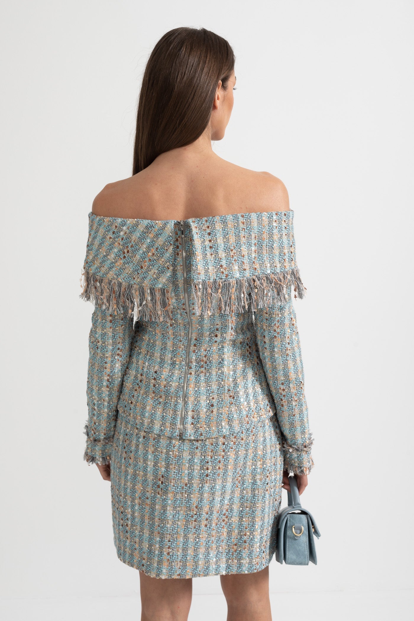 طقم تويد منقوش مربعات مع توب مكشوف الكتفين وتنورة ميني منسقة - أزرق