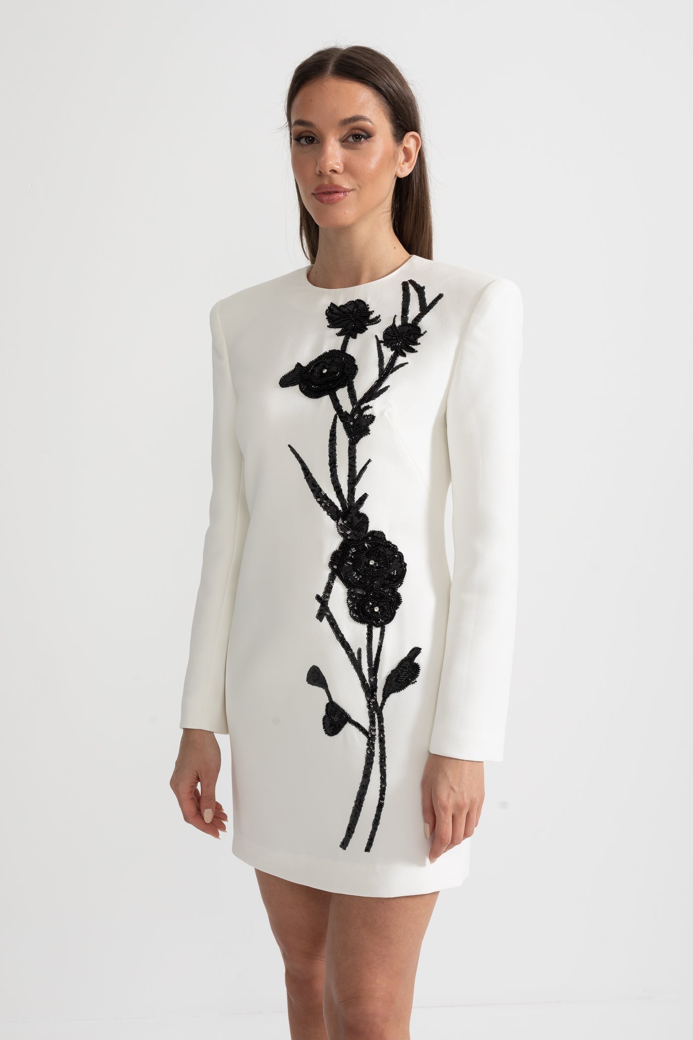 Long Sleeved Mini Dress With Contrasting Floral Embroidery - White