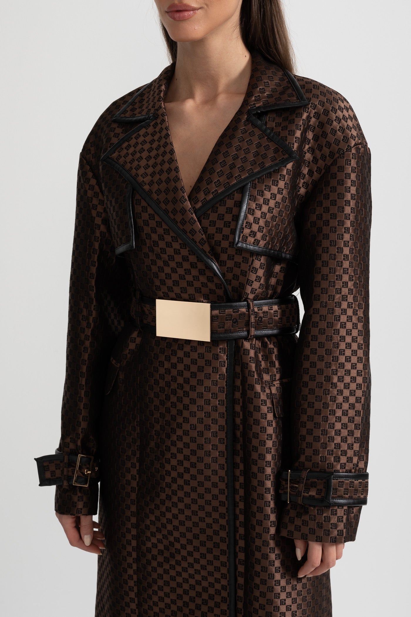 Jacquard Trench Coat With Gold Buckle Waist Belt - Brown