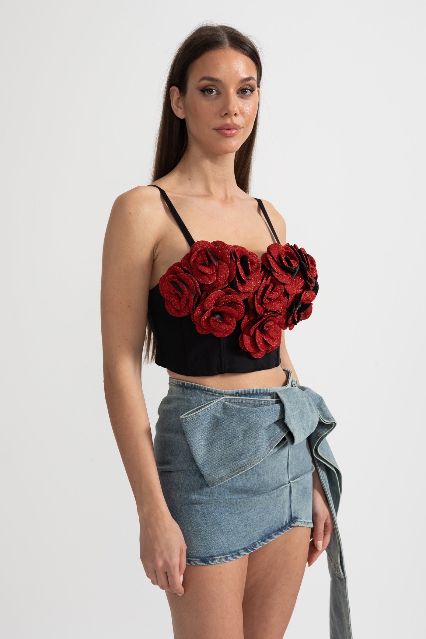 Corset Top with Red 3D Rose Appliqués - Black