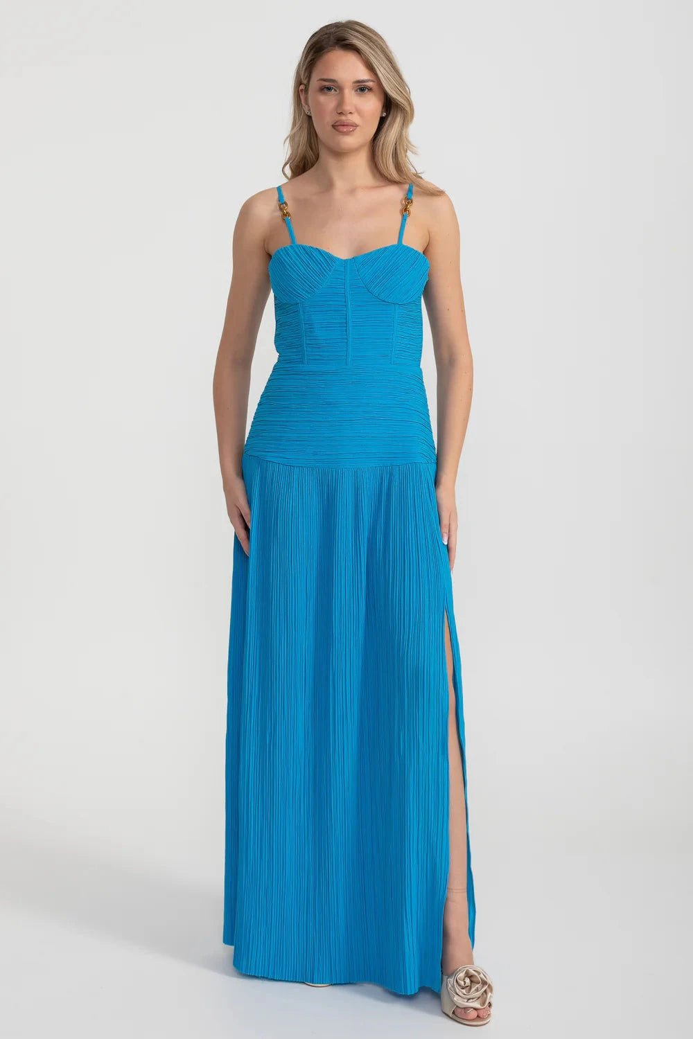 Elegant Dress With Ruched Fitted Bodice And Straight Skirt With Side Slit - Blue