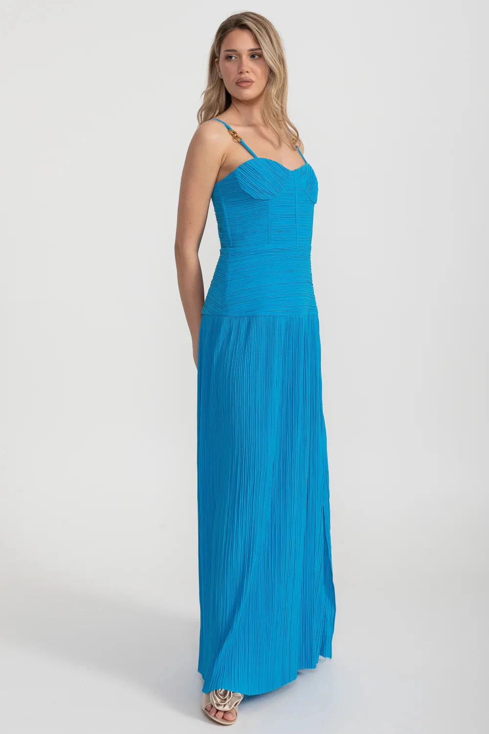 Elegant Dress With Ruched Fitted Bodice And Straight Skirt With Side Slit - Blue