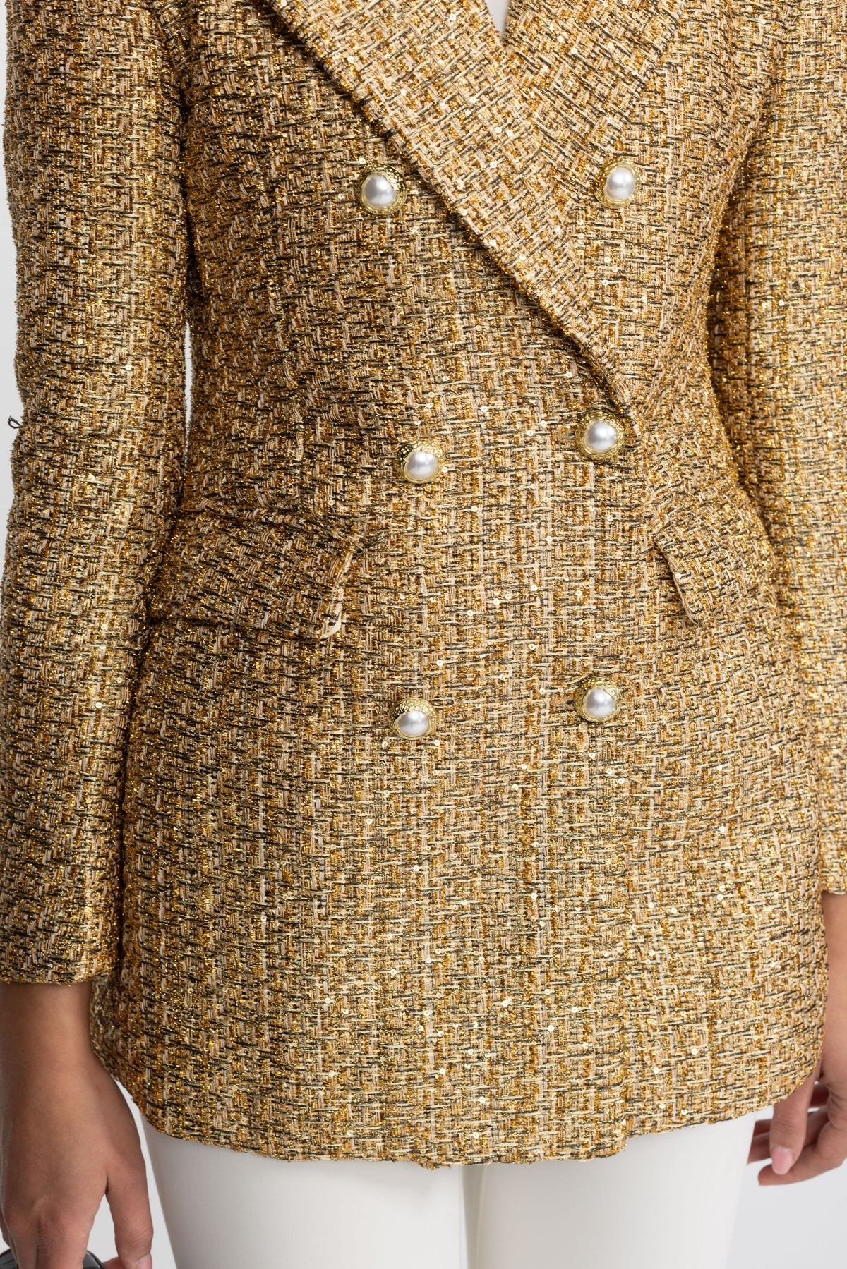 Metallic Tweed Double-Breasted Blazer with Pearl Buttons - Gold