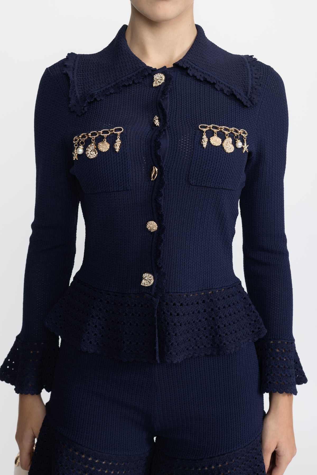 Charm Embellished Knit Peplum Cardigan and Ruffle Shorts Co-ord Set - Navy