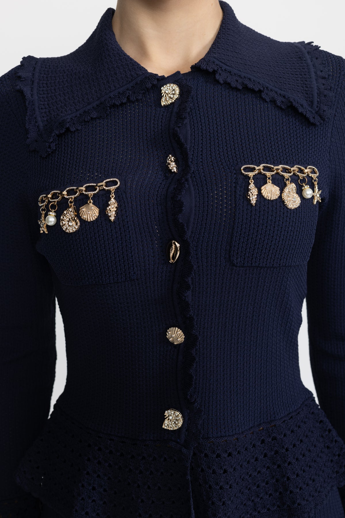 Charm Embellished Knit Peplum Cardigan and Ruffle Shorts Co-ord Set - Navy