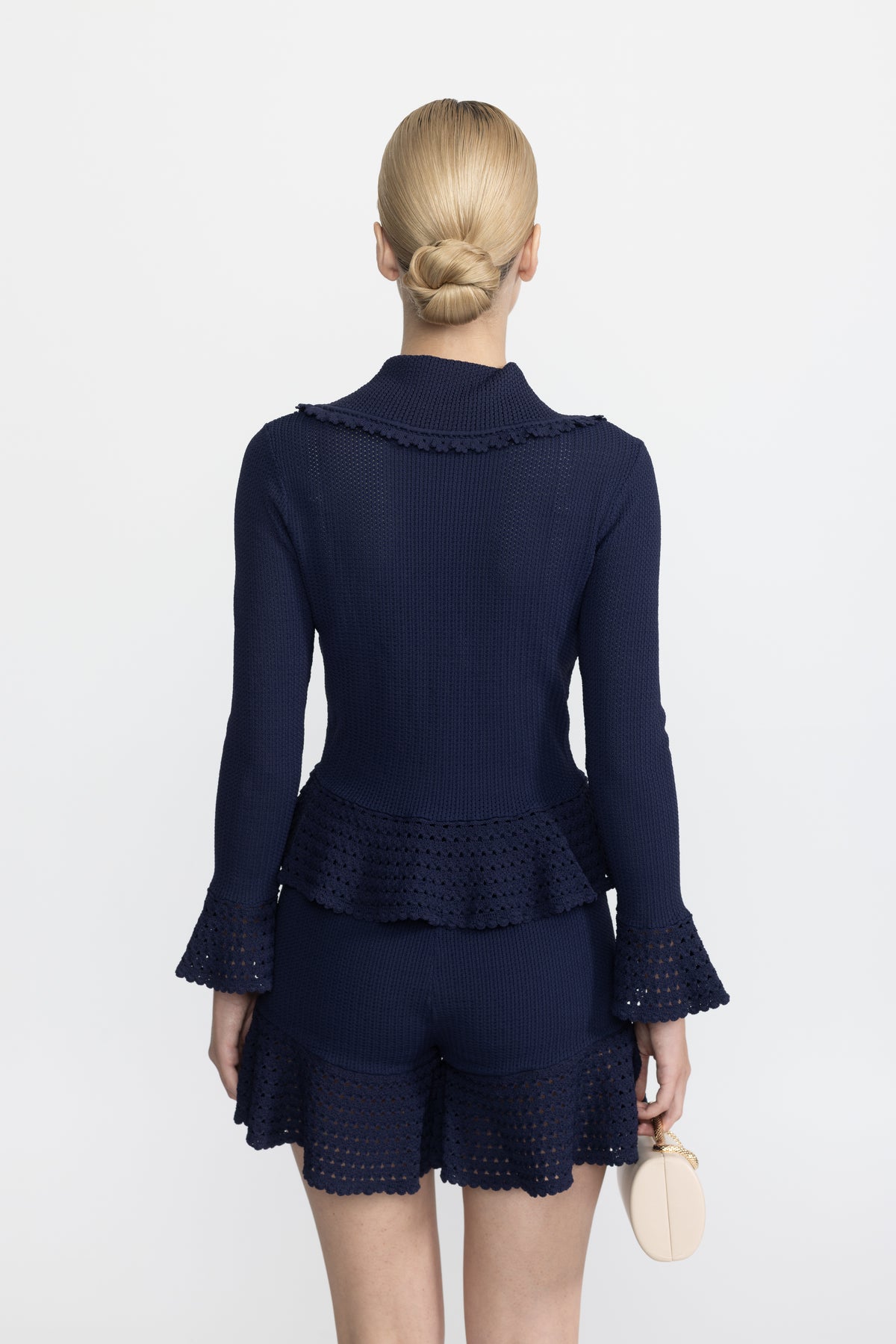 Charm Embellished Knit Peplum Cardigan and Ruffle Shorts Co-ord Set - Navy