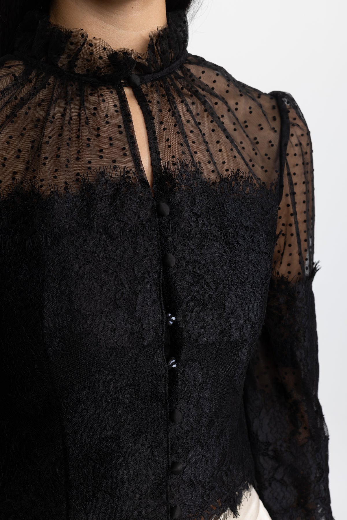 Ruffle Neck Lace and Dot Mesh Cropped Blouse - Black