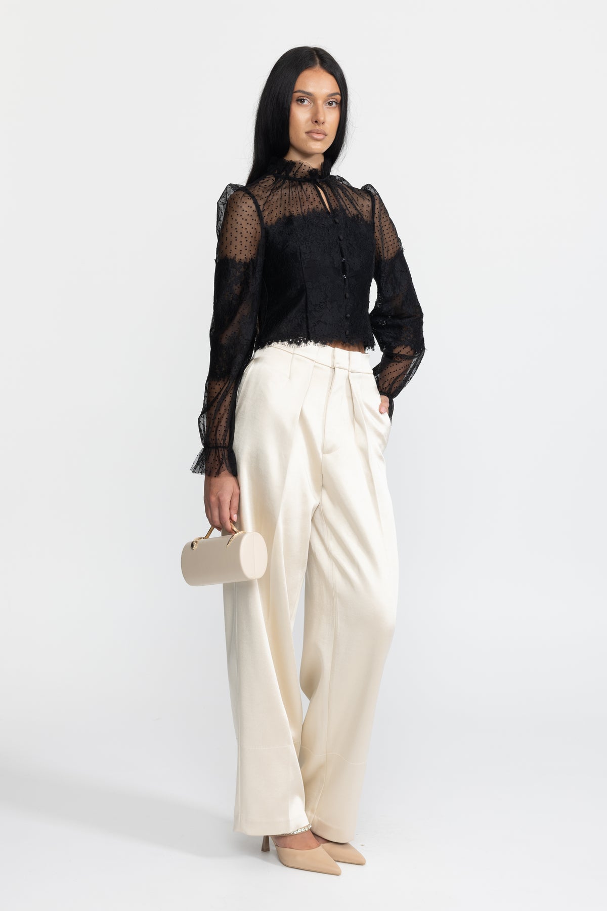 Ruffle Neck Lace and Dot Mesh Cropped Blouse - Black