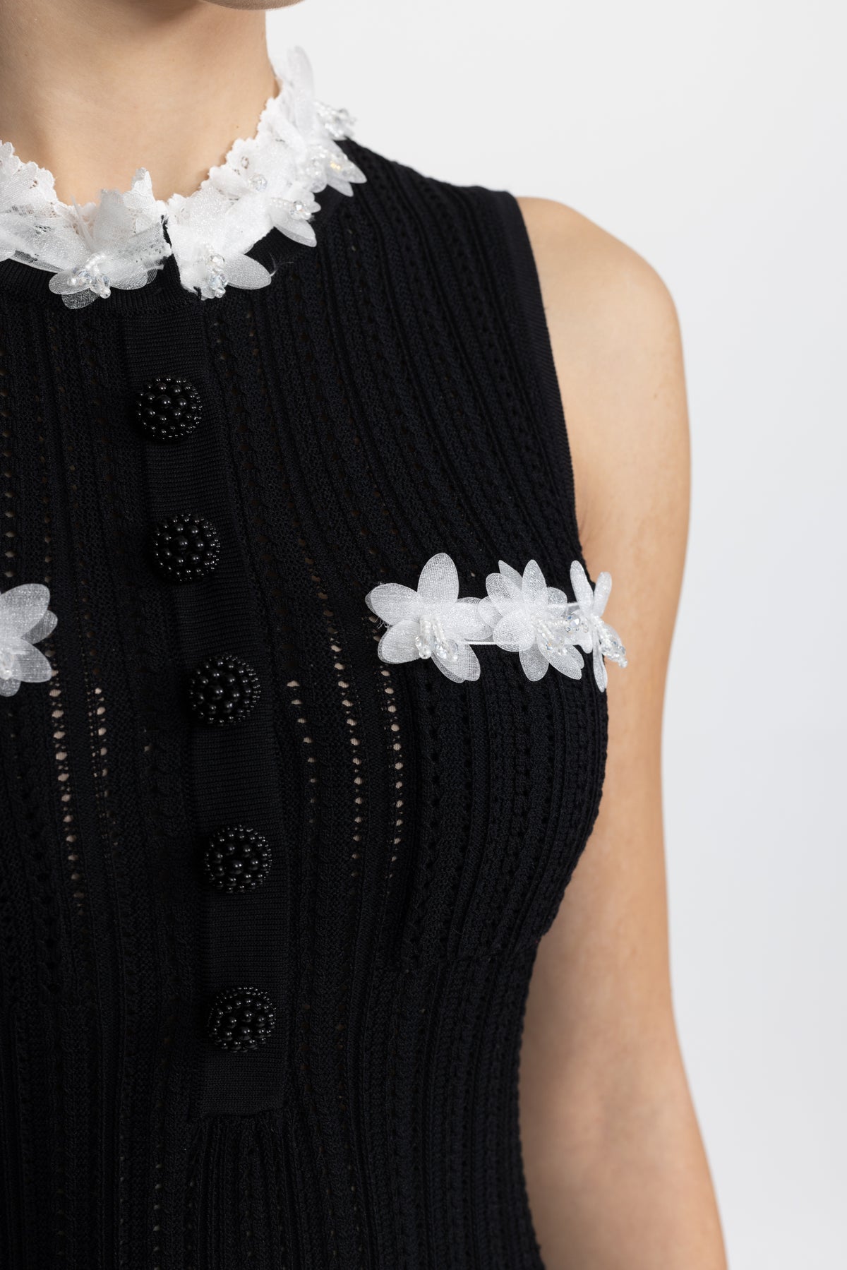 Organza Flower Trim Pointelle Knit Mini Dress - Black