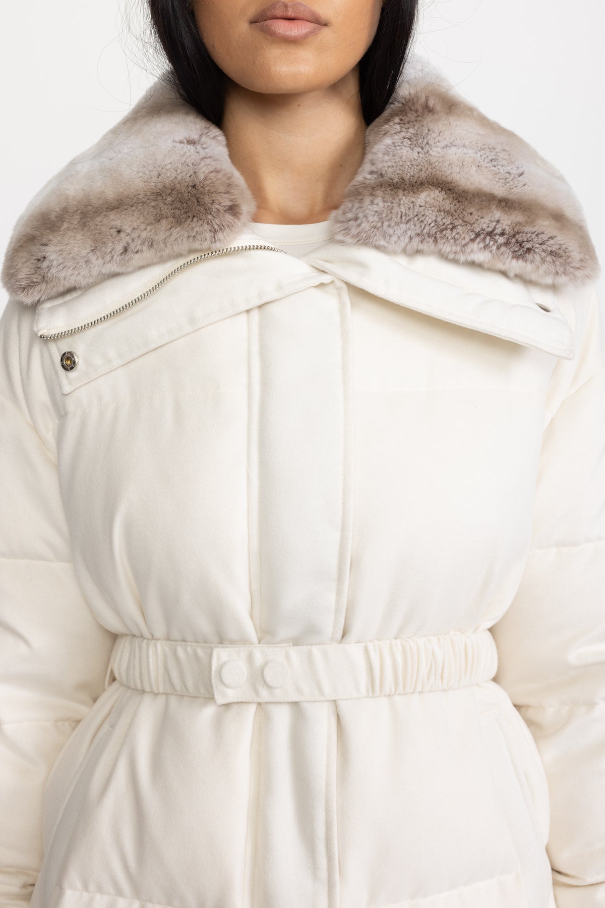Rex Rabbit Fur Collar Cotton-Silk Down Jacket - Ivoire
