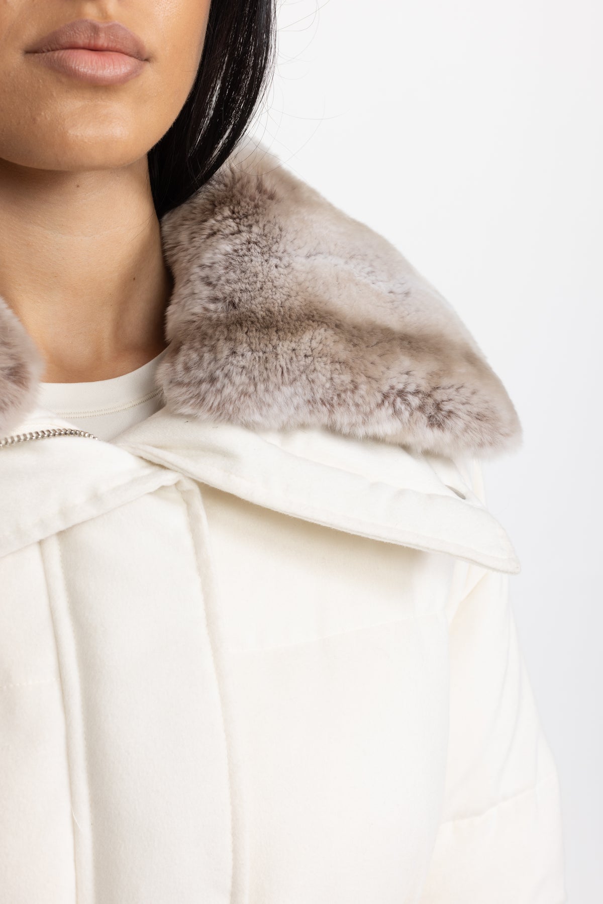 Rex Rabbit Fur Collar Cotton-Silk Down Jacket - Ivoire