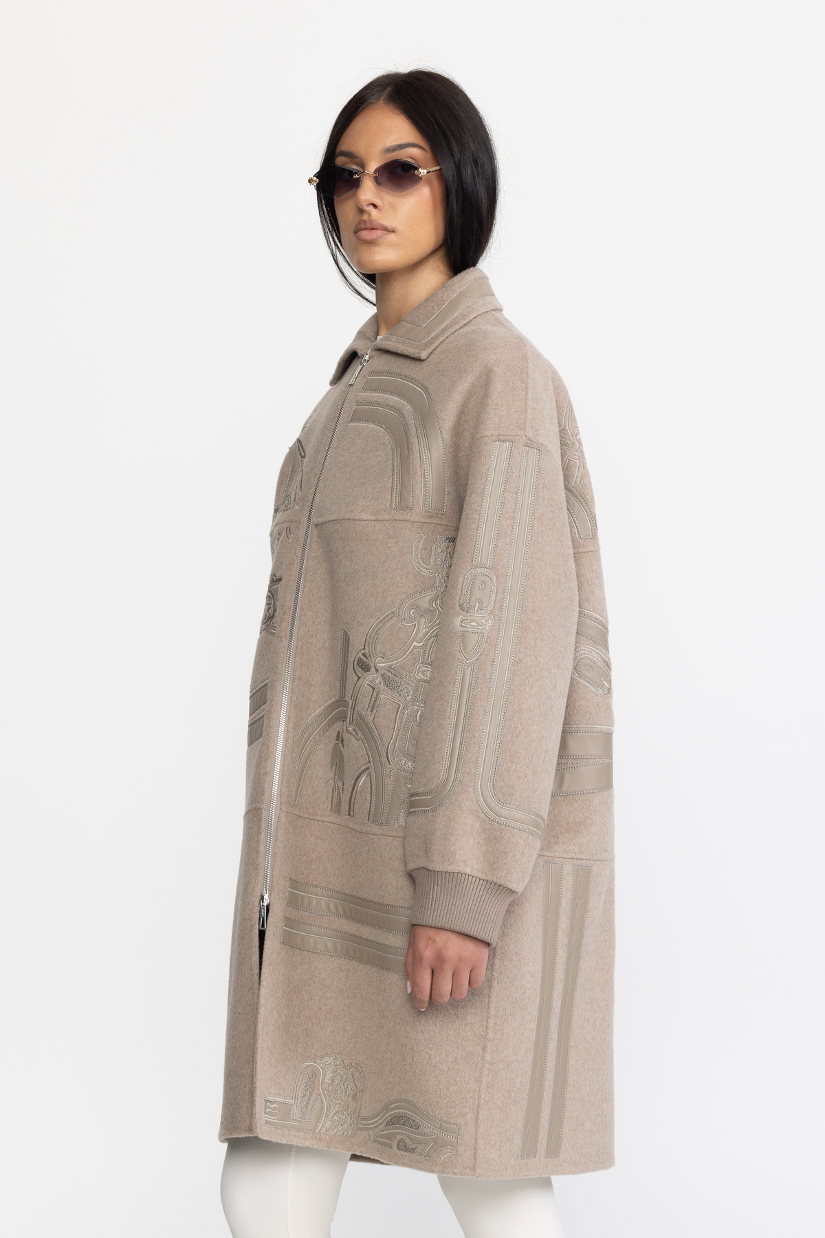 Equestrian Applique Embroidered Wool Zip Coat - Taupe
