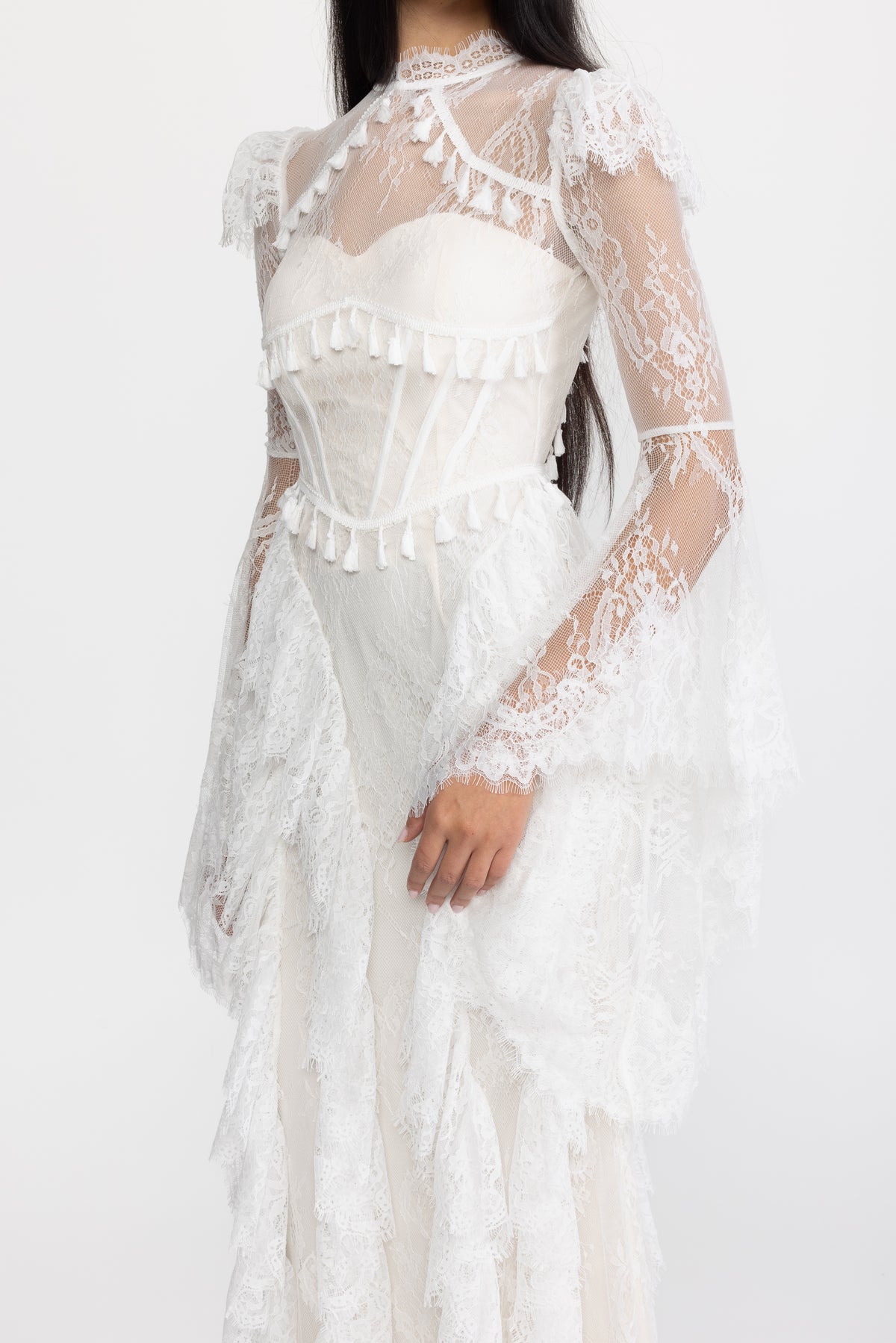Tassel Trim Lace Corset Bell Sleeve Maxi Dress - White