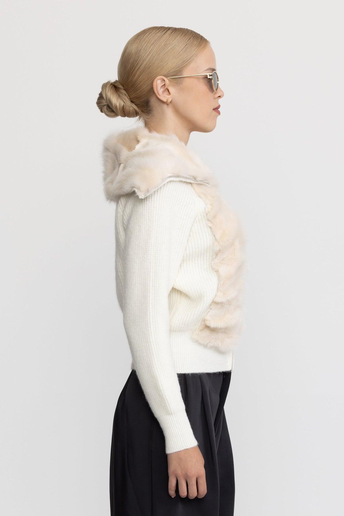 Rabbit Fur Panel Knit Zip Cardigan - Ivoire