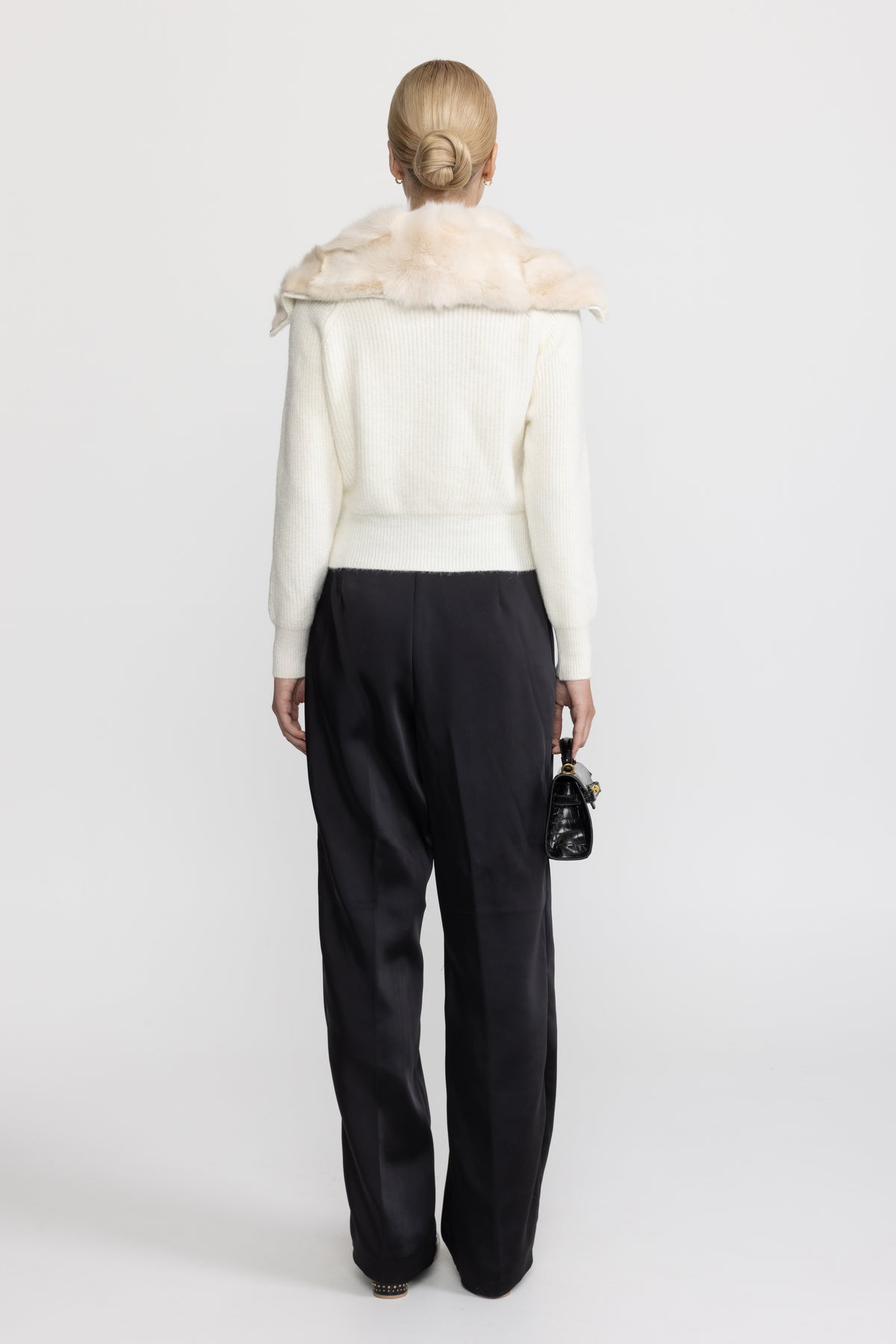 Rabbit Fur Panel Knit Zip Cardigan - Ivoire