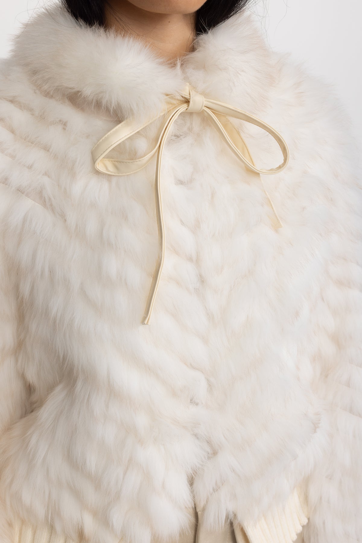Knitted Fox Fur Bomber Jacket with Tie Neck - Ivoire