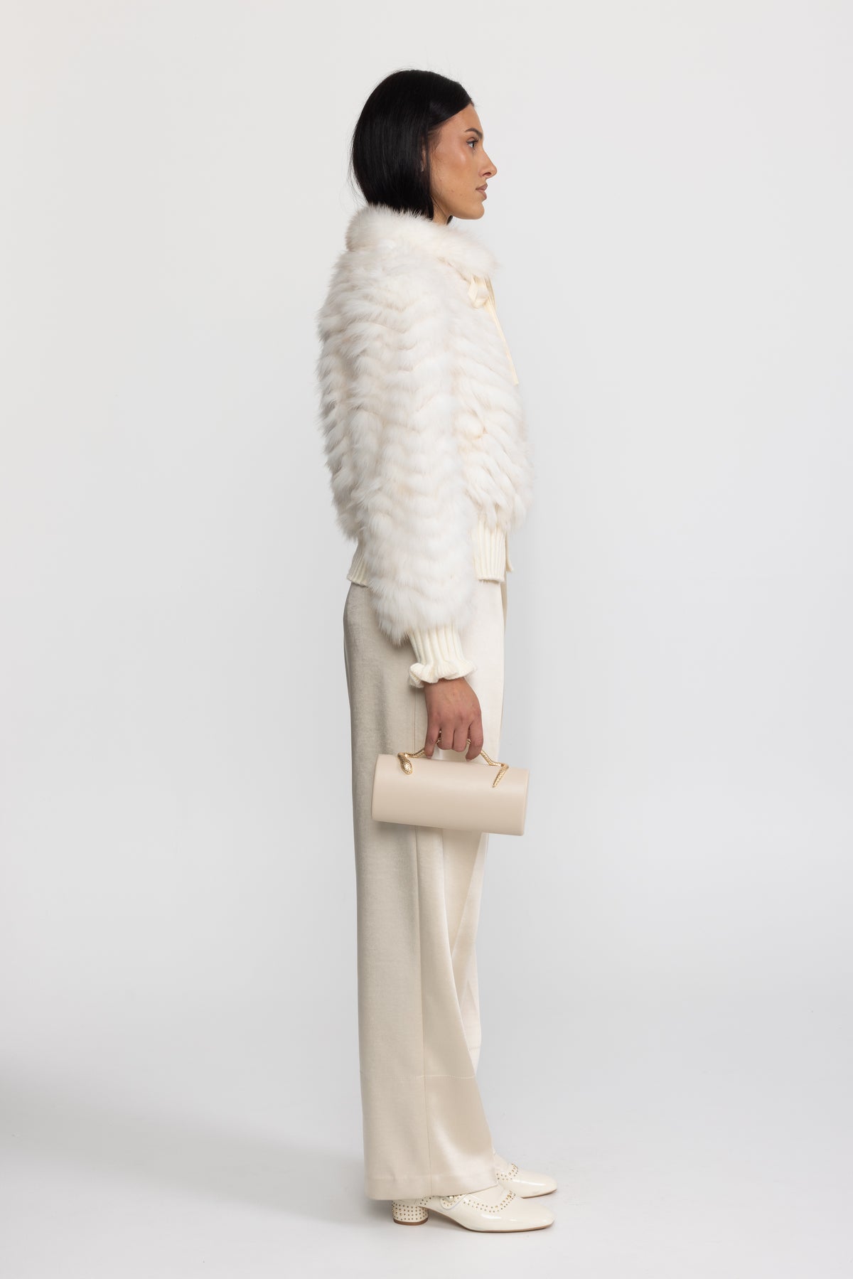 Knitted Fox Fur Bomber Jacket with Tie Neck - Ivoire
