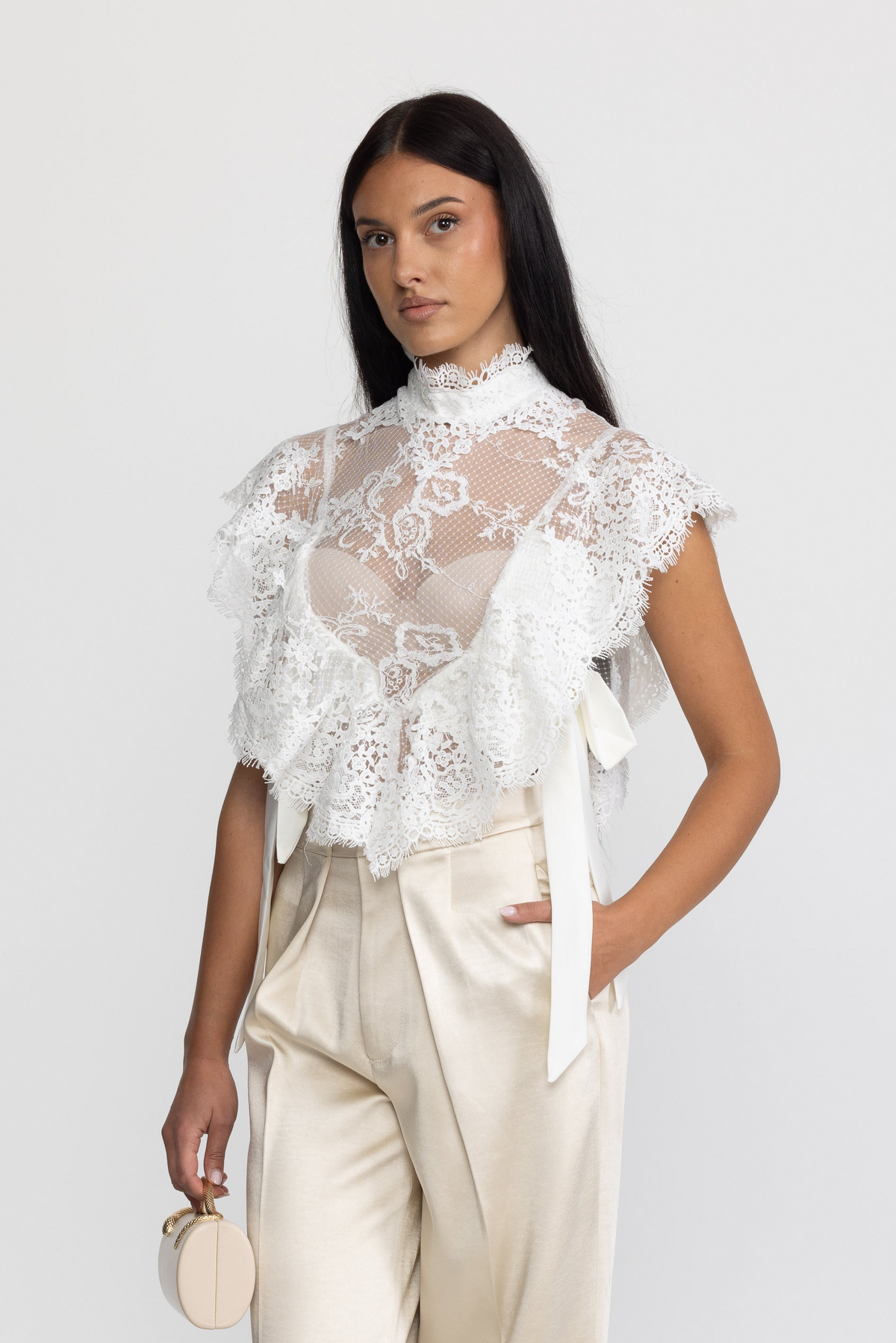 Sheer Lace Ruffle Mock Neck Top - White