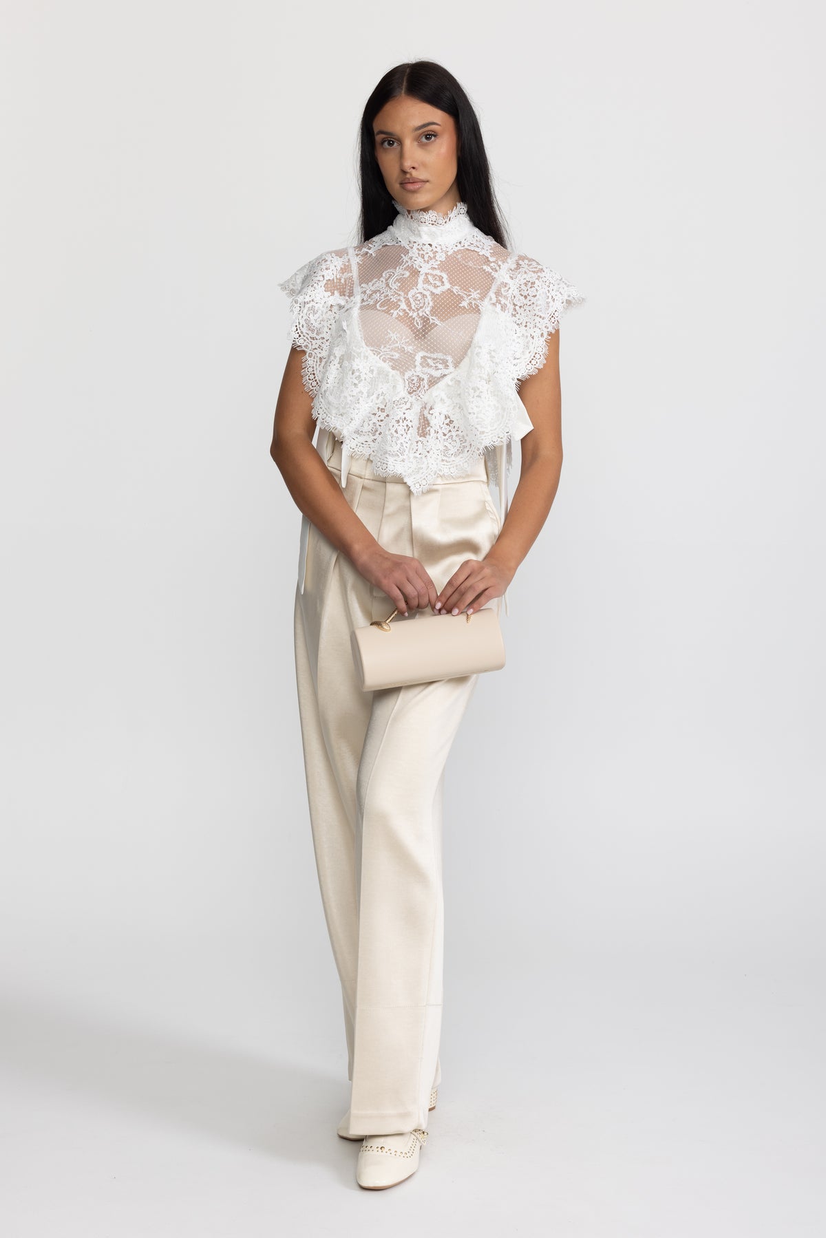 Sheer Lace Ruffle Mock Neck Top - White