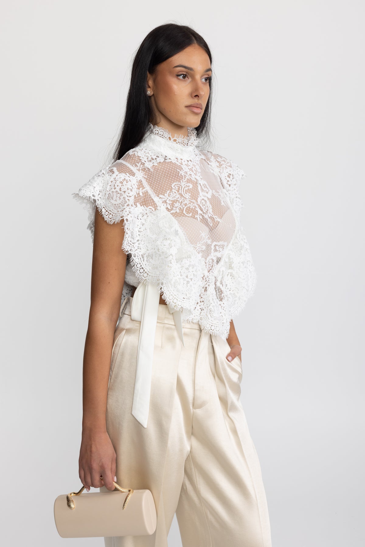 Sheer Lace Ruffle Mock Neck Top - White
